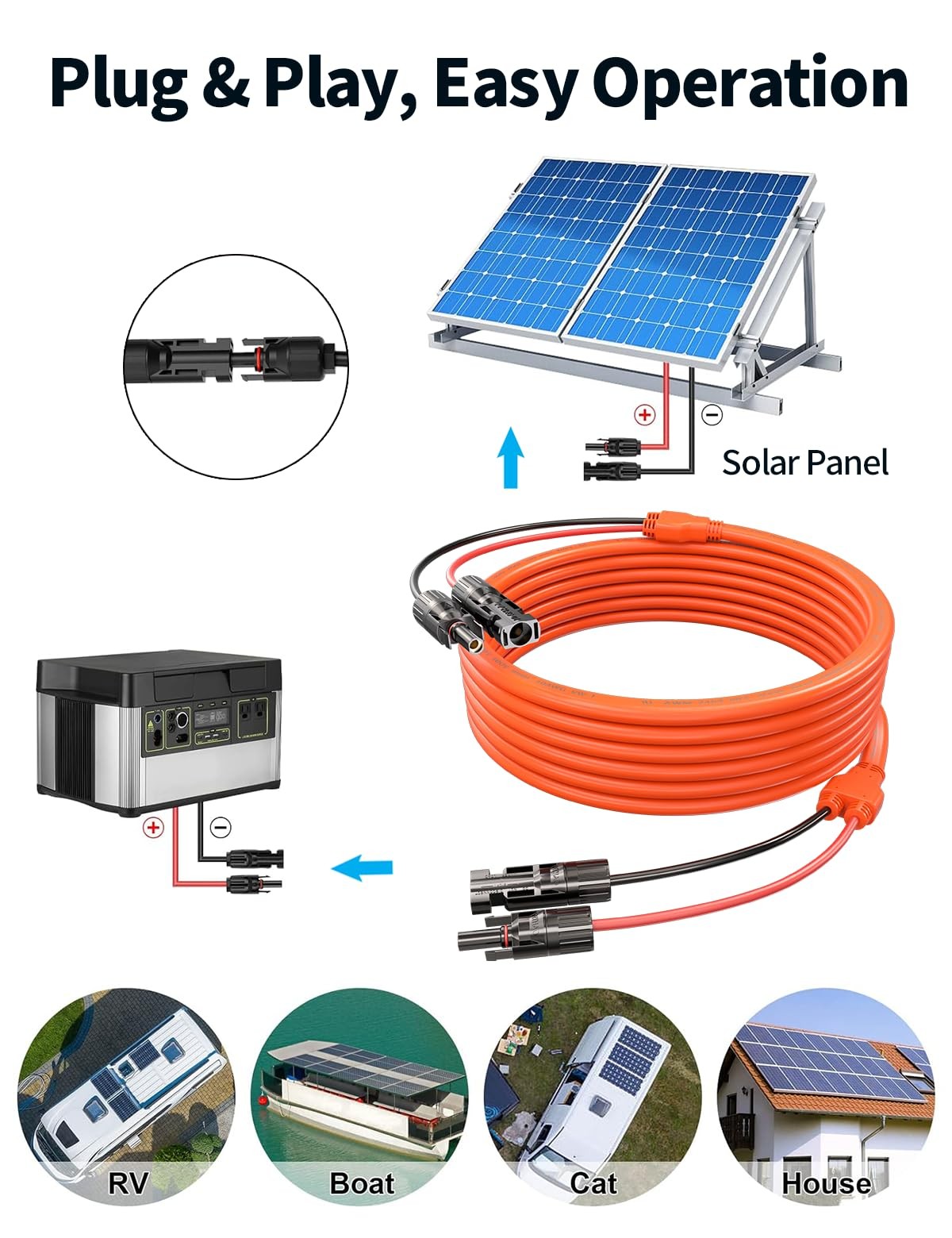 10AWG 6mm Solar Extension Cable 30Ft Orange PV Wire IP68 Connectors