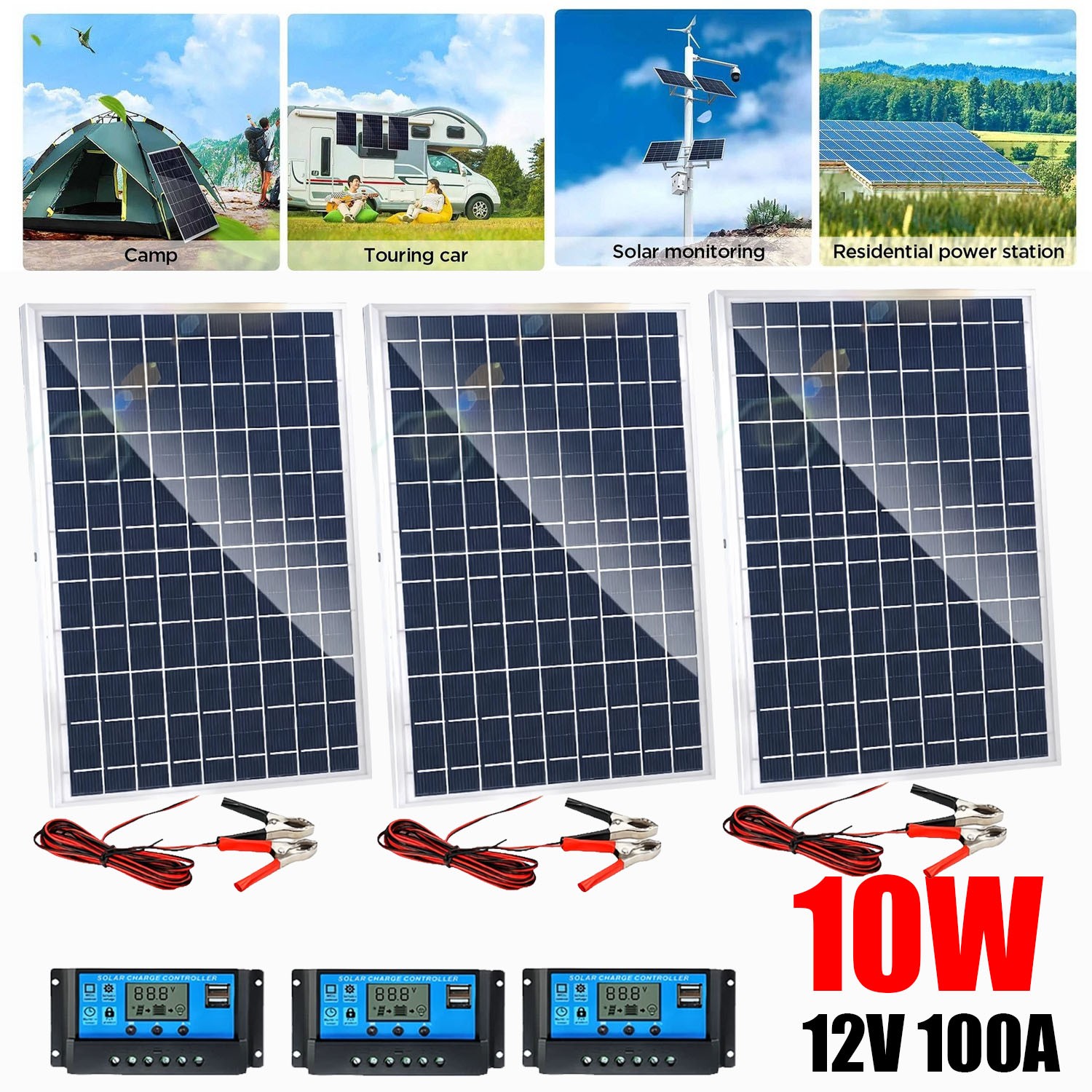 10W Solar Panel 12V Solar Battery Trickle Charger 100A W/ Controller Maintainer
