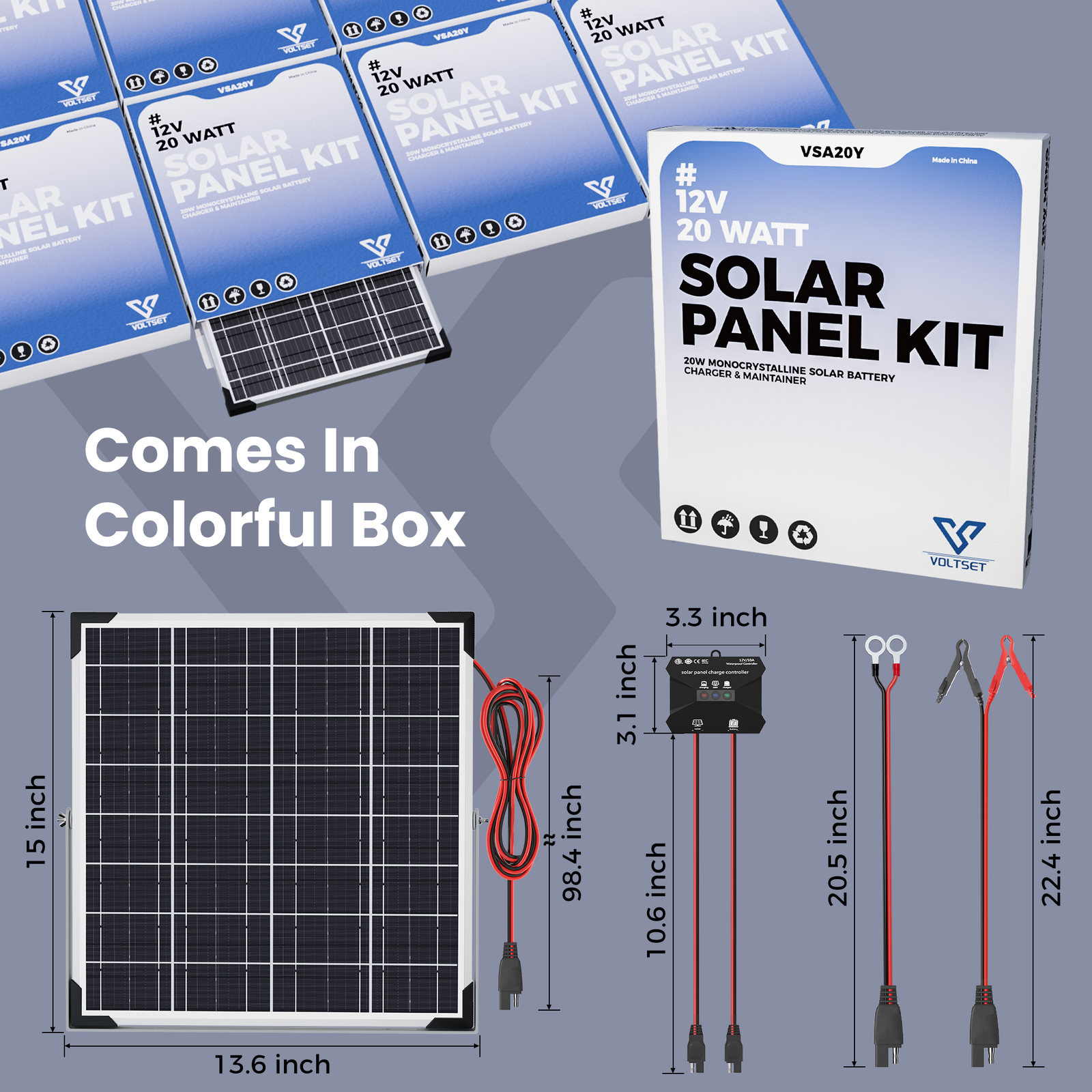 Solar Battery Trickle Charger 20W 12V Solar Panel Maintainer for Car Boat RV