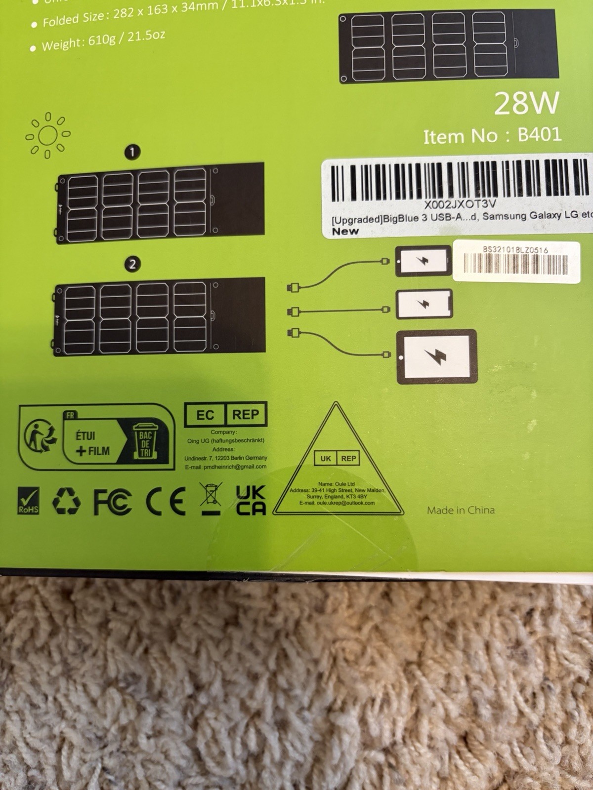 New In Box BigBlue Solar Charger 28W 3 USB ports