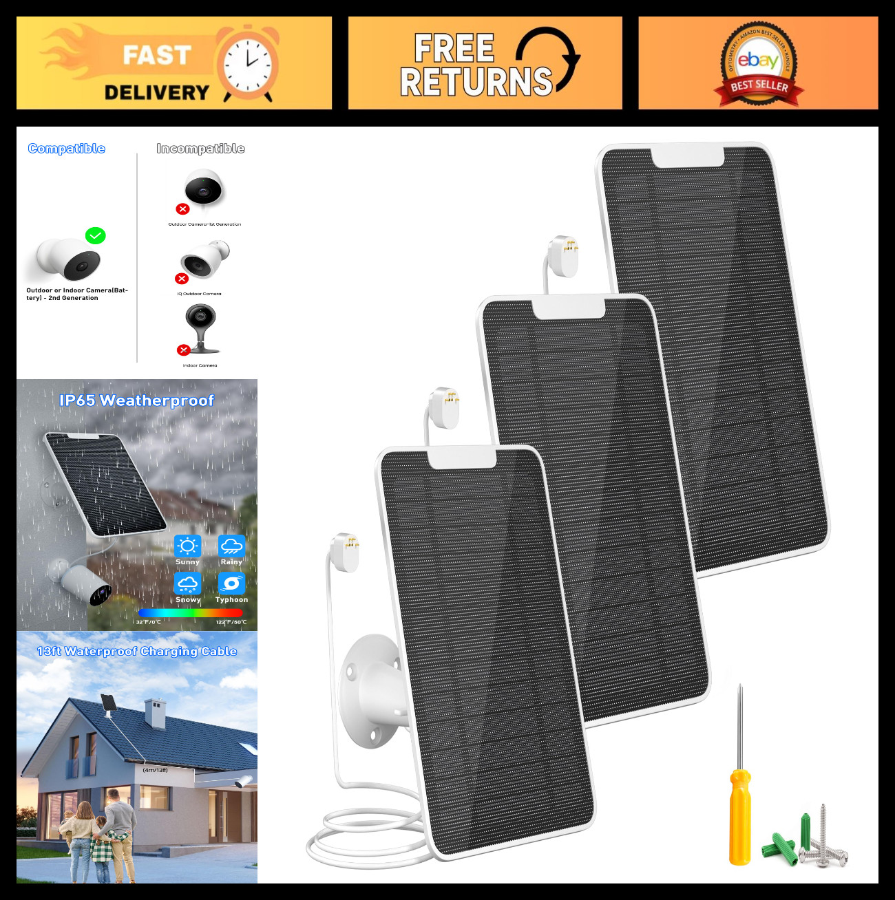 5W Solar Panel for Nest Camera – IP65 Waterproof, 13ft Cable, 3 Pack – Outdoor/I