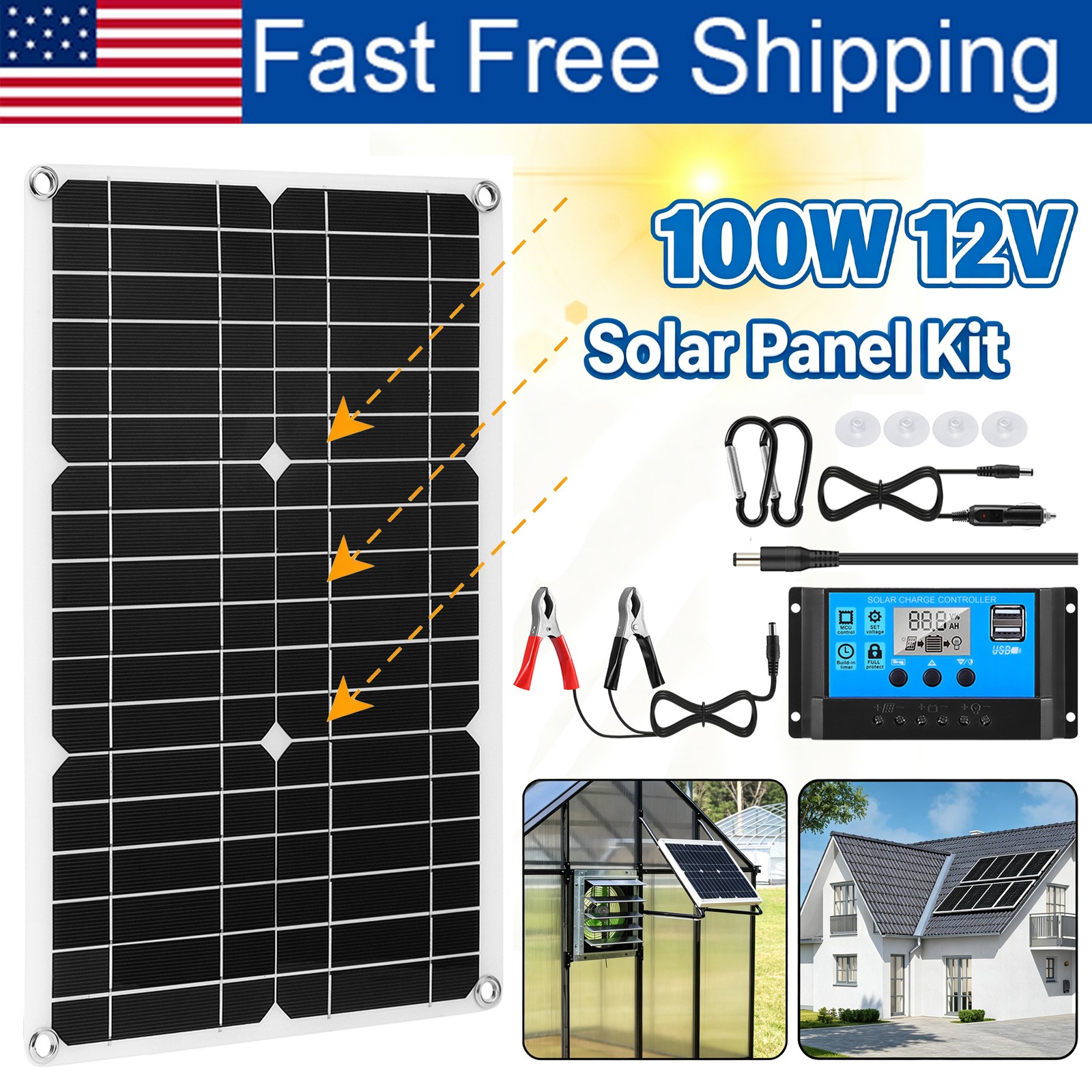 100W 12V Monocrystalline Solar Panel Kit,Waterproof w/ Controller for RV Camping