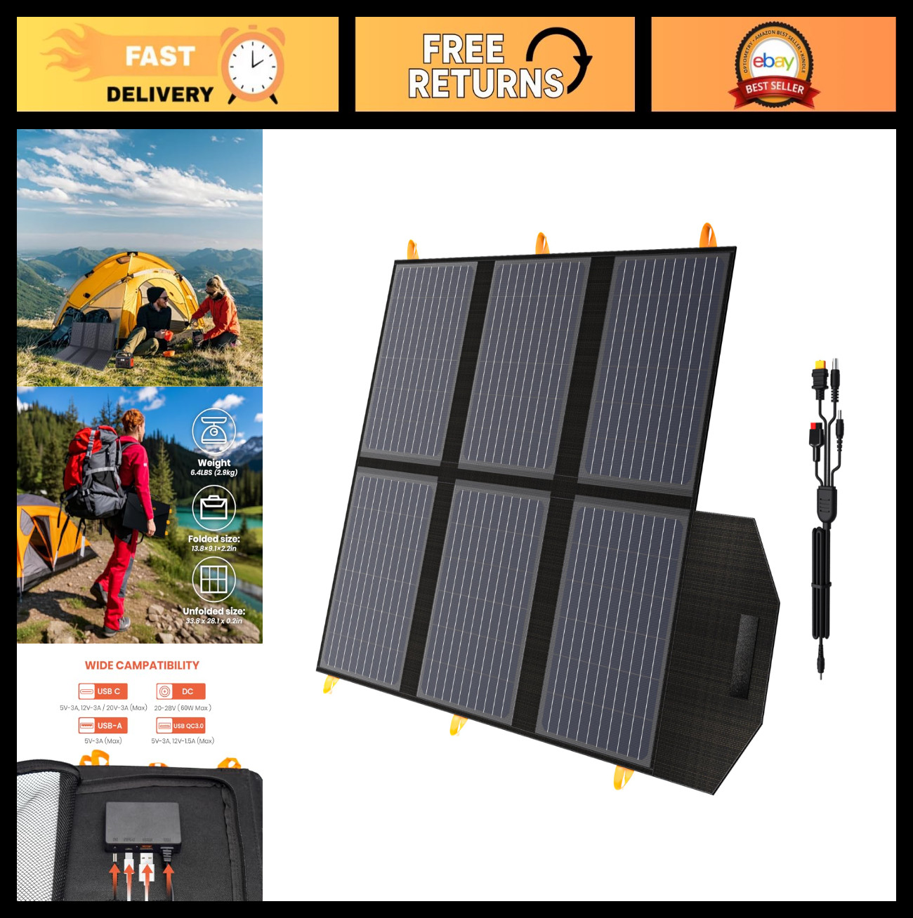 60W Foldable Solar Panel Charger, 24% Efficiency, QC3.0 USB-A, Waterproof for Ca