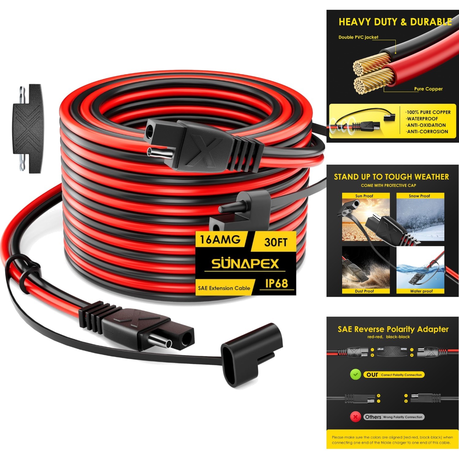 30ft 16AWG SAE to SAE Extension Cable 12V Waterproof Solar Panel Battery Charge