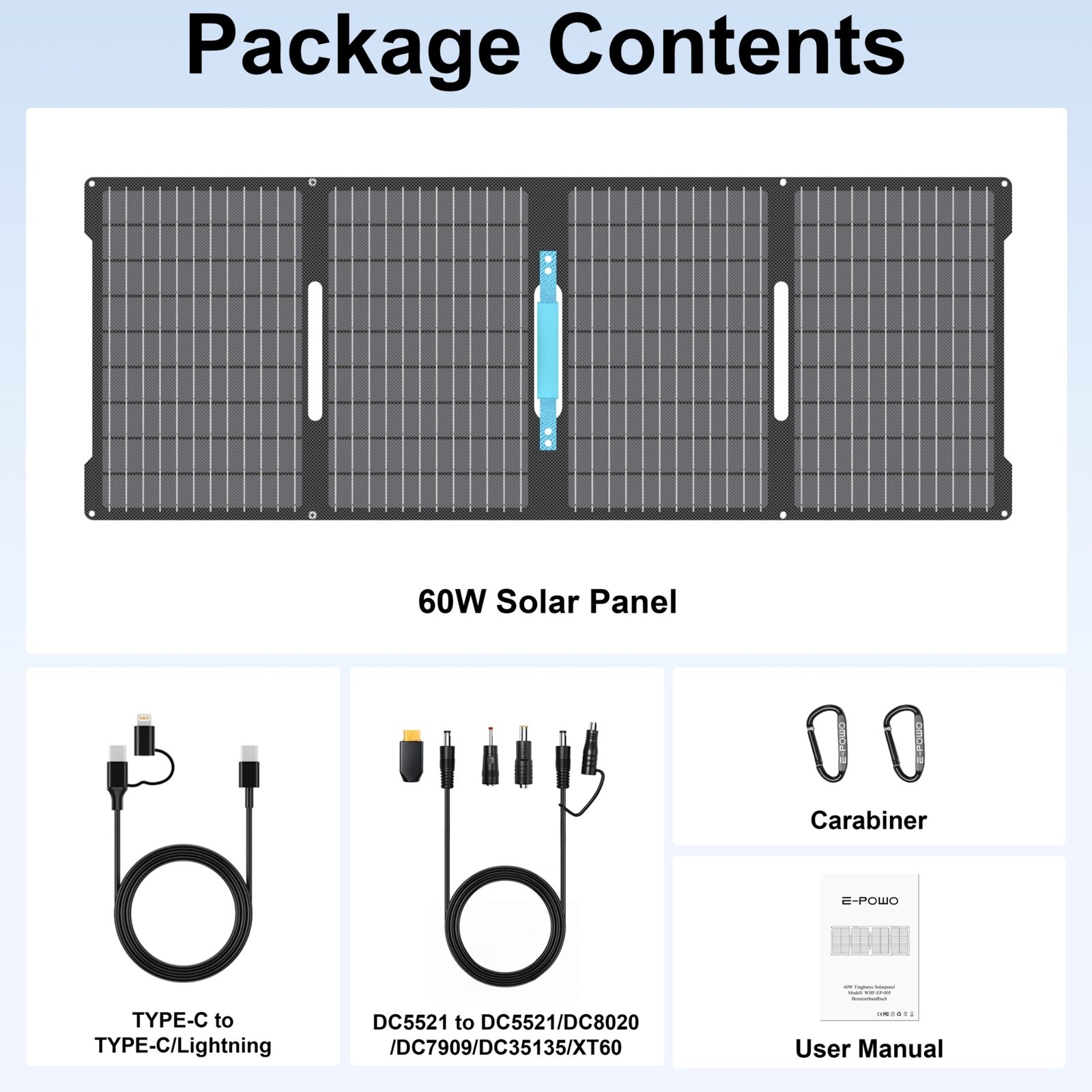 E-POWO 60W Portable Solar Panel with USB Type-C for Anker 521 Power Station