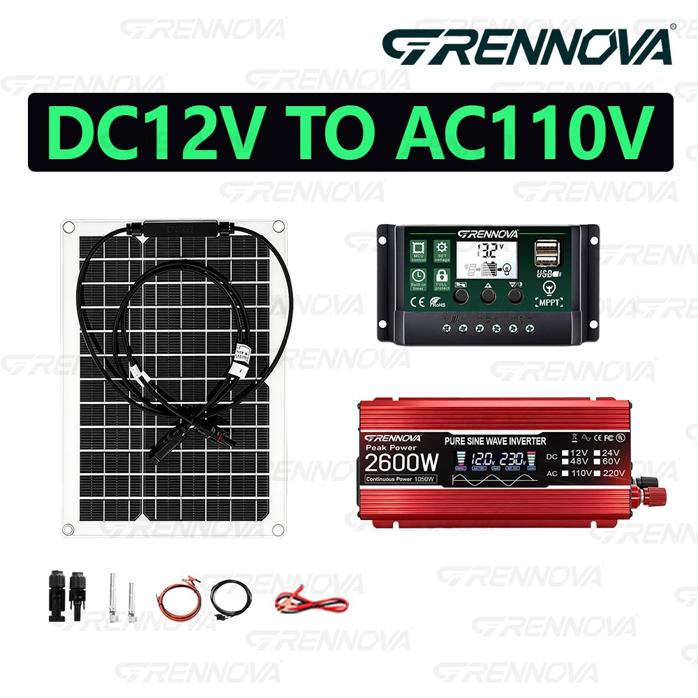 Grennova 2600W Solar System 50W Panel 12V To 110/220V Inverter 60A Controller