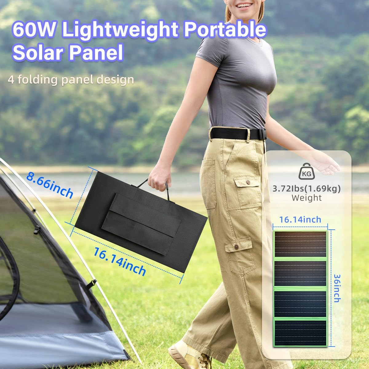 60W Portable Solar Panel Charger with USB-C, USB-A, DC Port, GOLUMU Outdoor IP67