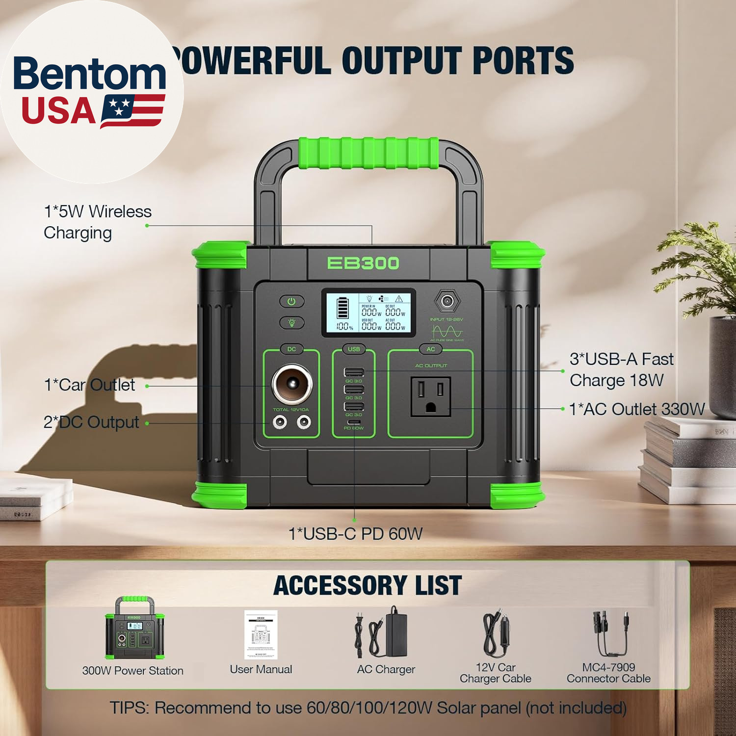 Portable Power Station 300W, 288Wh Solar Generator with 60W USB-C PD Output, 11