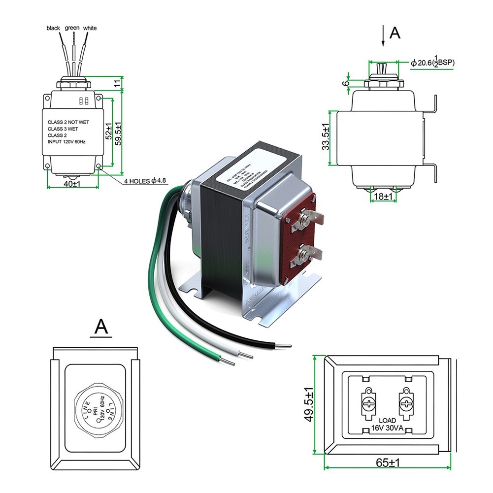 Shielded 16V30VA Transformer for Video Doorbell Power Supply Low Voltage Use