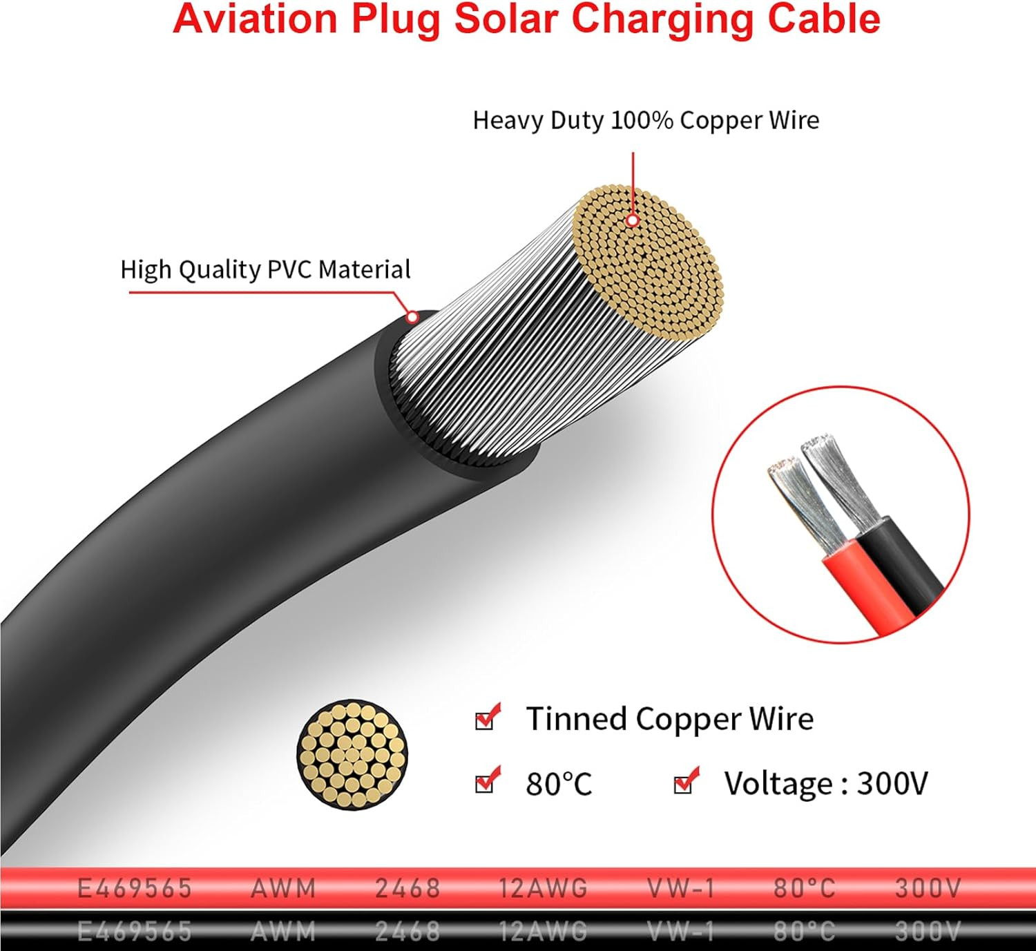 Aviation Plug to Solar Panel Cable, 12AWG 2FT Solar to Aviation Connector 12V/30