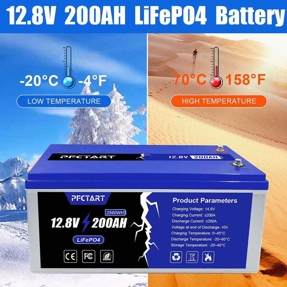 PFCTART 12.8V 200AH LiFePO4 Deep Cycle Lithium Battery for RV Camping Off-Grid