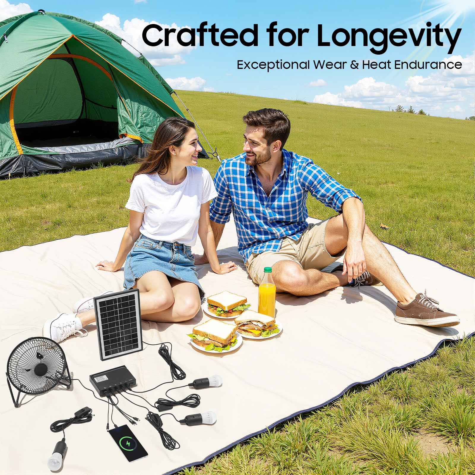 Solar Lighting & Fan Kits with 3 Bulbs USB Charging for Home Outdoor Camping