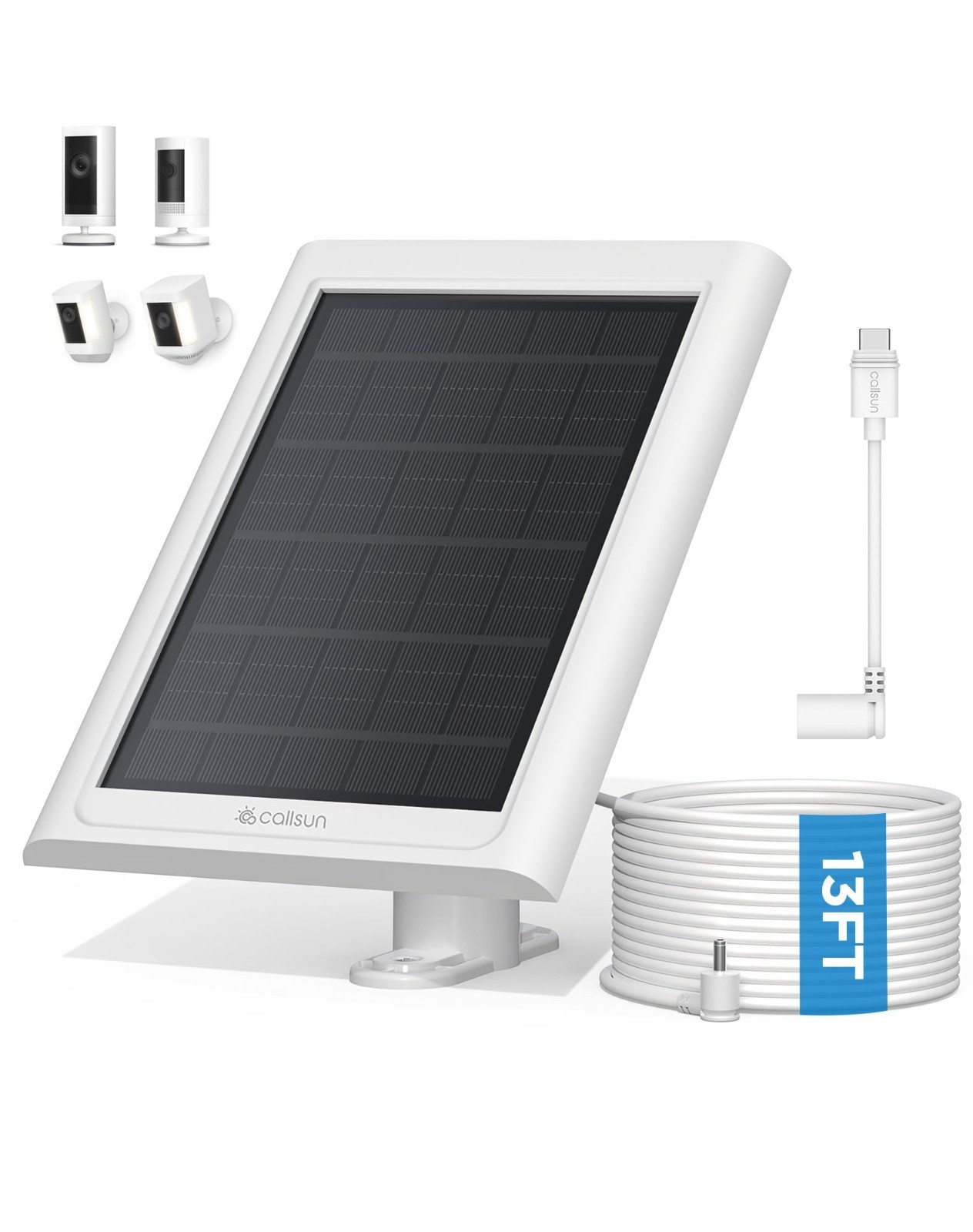 Solar Panel Charger for Ring Camera – Waterproof 13ft Cable, USB-C Adapter, Outd