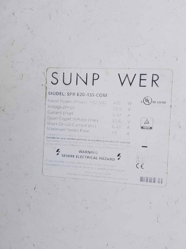 SUNPOWER 435W E20-435-COM US MADE 85.6 VOLT COMMERCIAL SOLAR PANEL