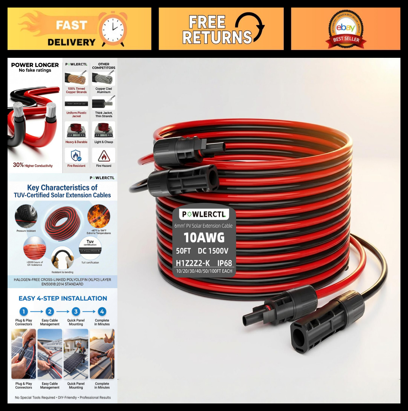 50Ft 10 AWG Solar Panel Extension Cable, Tinned Copper, Waterproof MC4 Connector