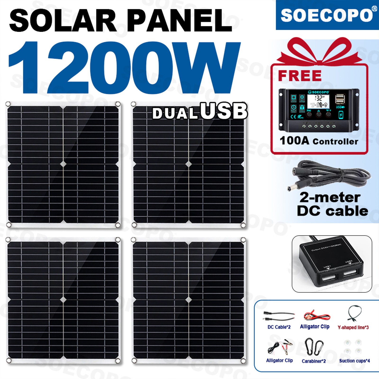 1200W Solar Panel Combo – 4 x 300W + 100A Controller + Y-Cable + Suction CupstZ