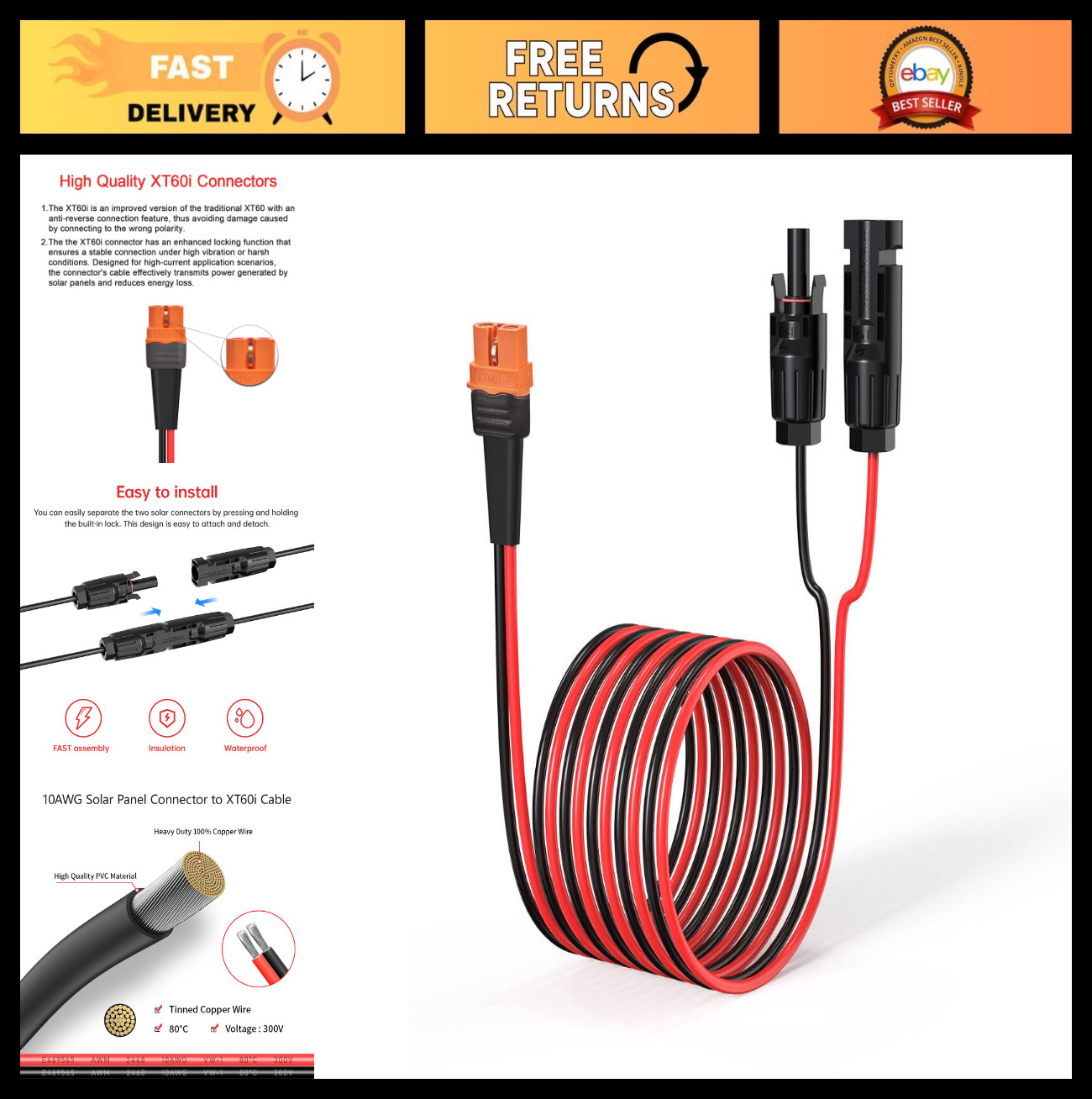 10AWG 25FT Solar Connector to XT60i Adapter Cable for Portable Power Station