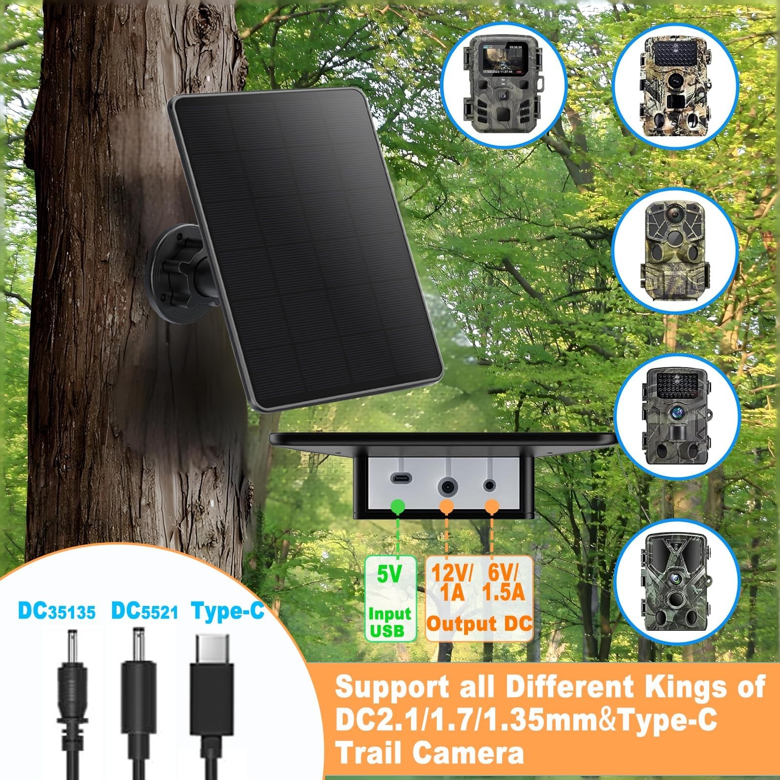 Solar Panel for Trail Camera, 5000mAh Rechargeable Battery, IP66 Waterproof, 10f