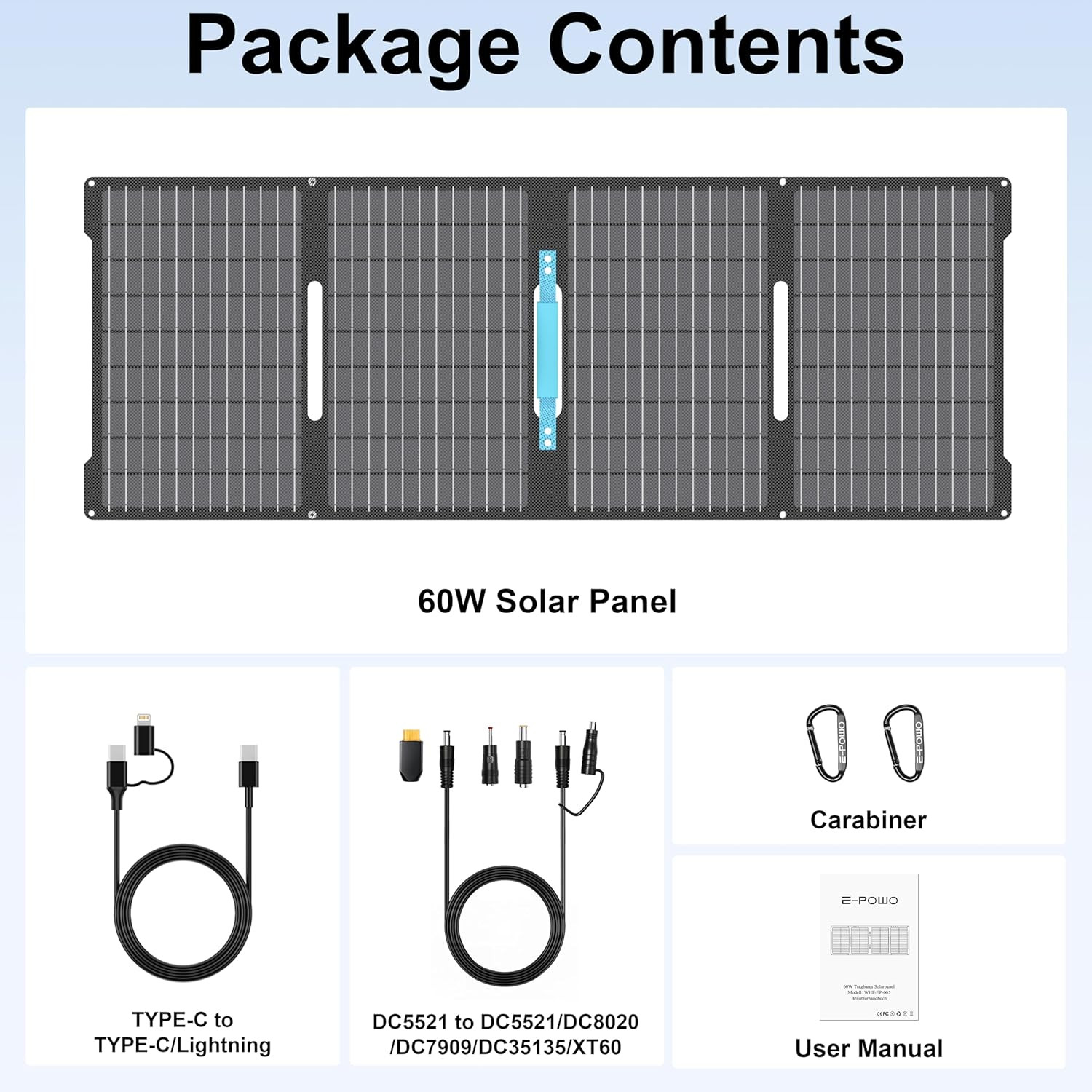 60W Portable Solar Panels Chargers with USB-C, USB-A and DC Outputs Foldable IP6