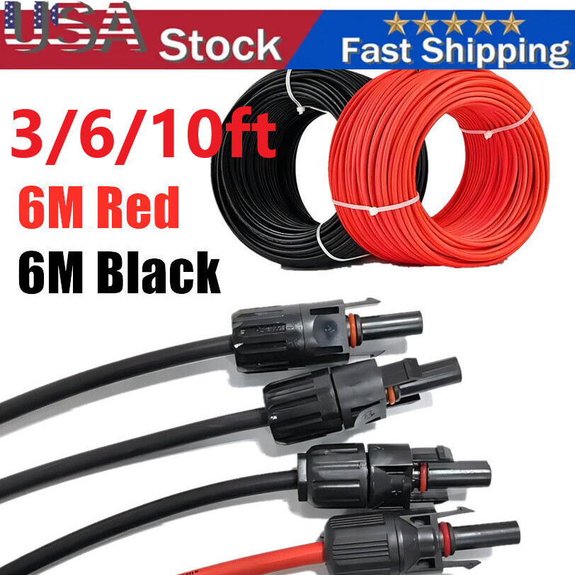 Black+Red 10 AWG Solar Panel Extension Cable Silicone Flexible Wire Connectors