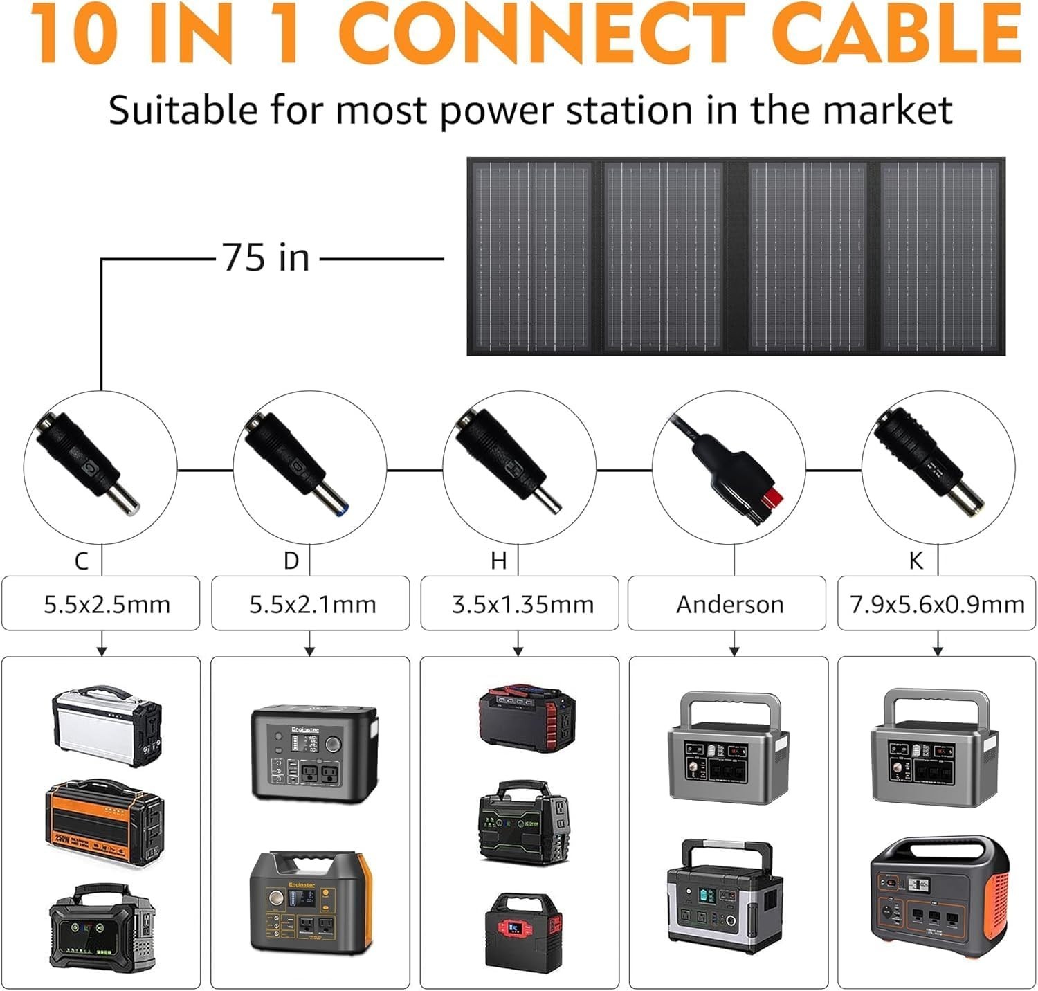 Foldable Solar Panel Charger 60W with 18V DC Output 11 Connectors for 100W~35…