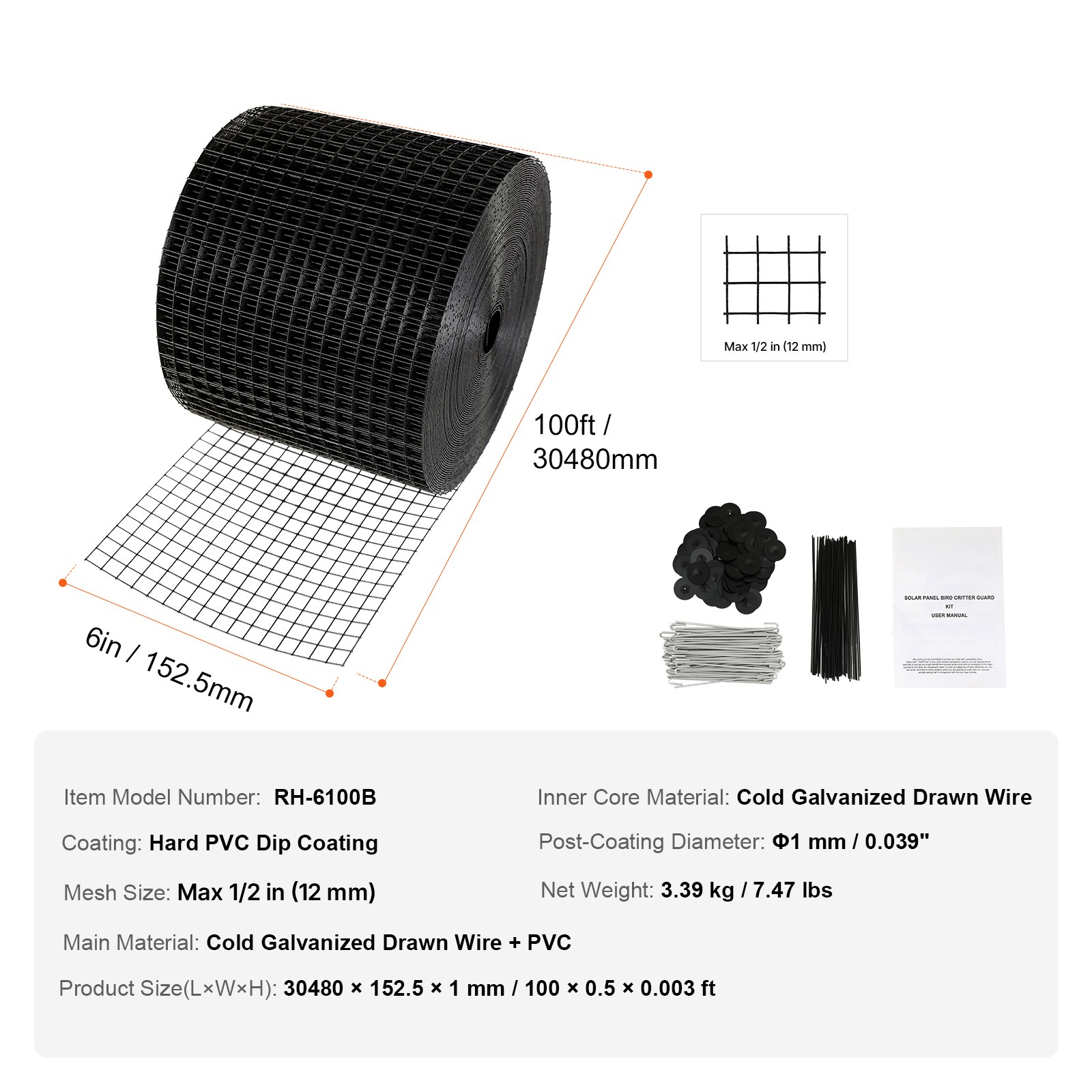 Uimoso 6in x 100ft Solar Panel Mesh Kit with 100 Fasteners for Bird Protection