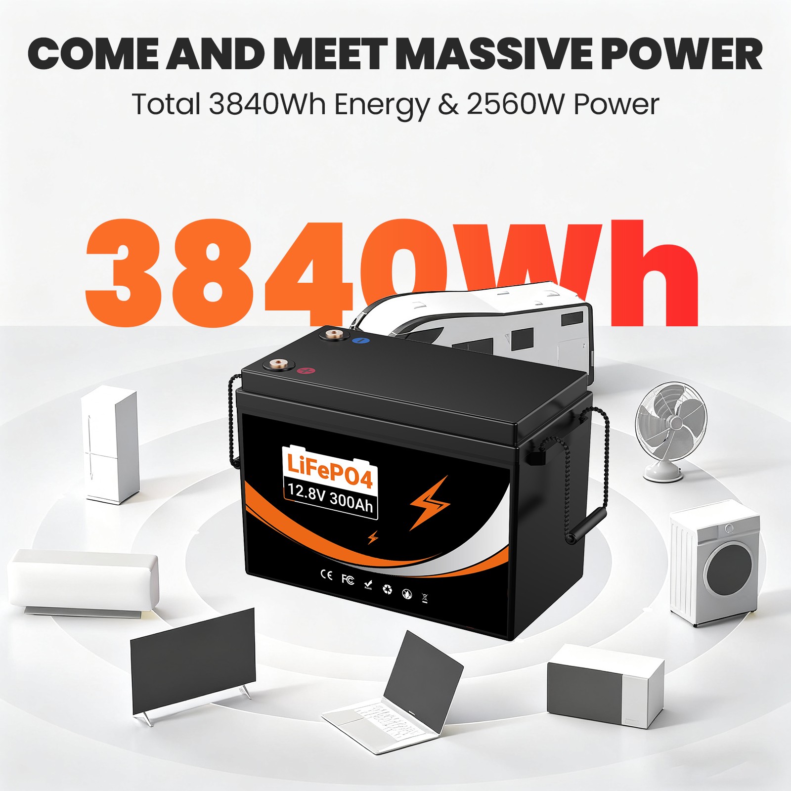 12V 300Ah LiFePO4 Battery 4000+ Deep Cycles 3840Wh 200A BMS for RV OffGrid Solar