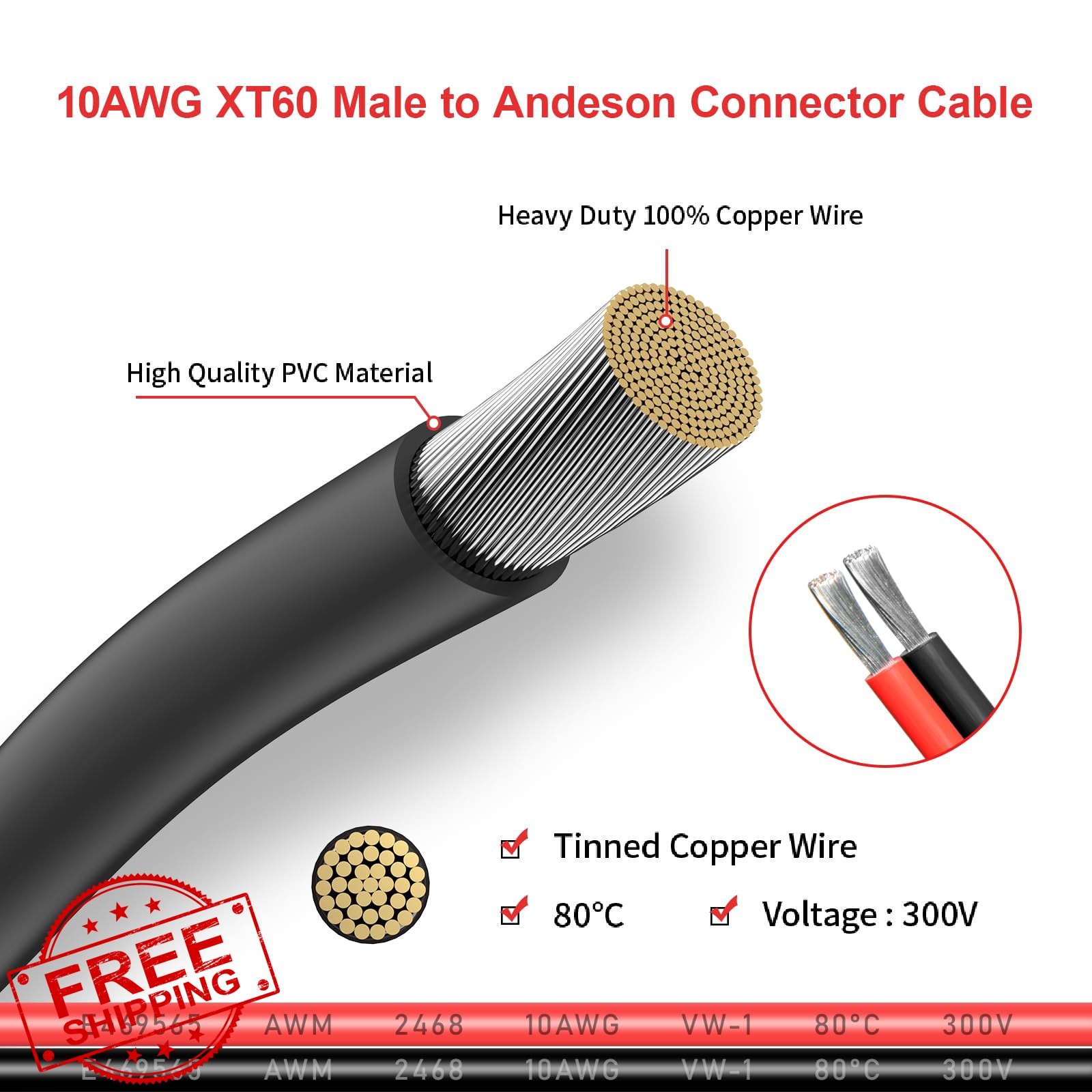 ELFCULB XT60 to Anderson 10AWG 10FT Cable