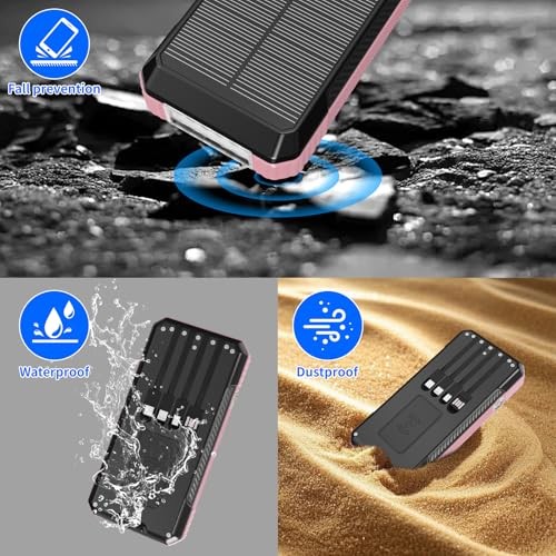 Solar Power Bank 49800mAh, Portable Charger with Built-in 4 Cables, 22.5W Pink