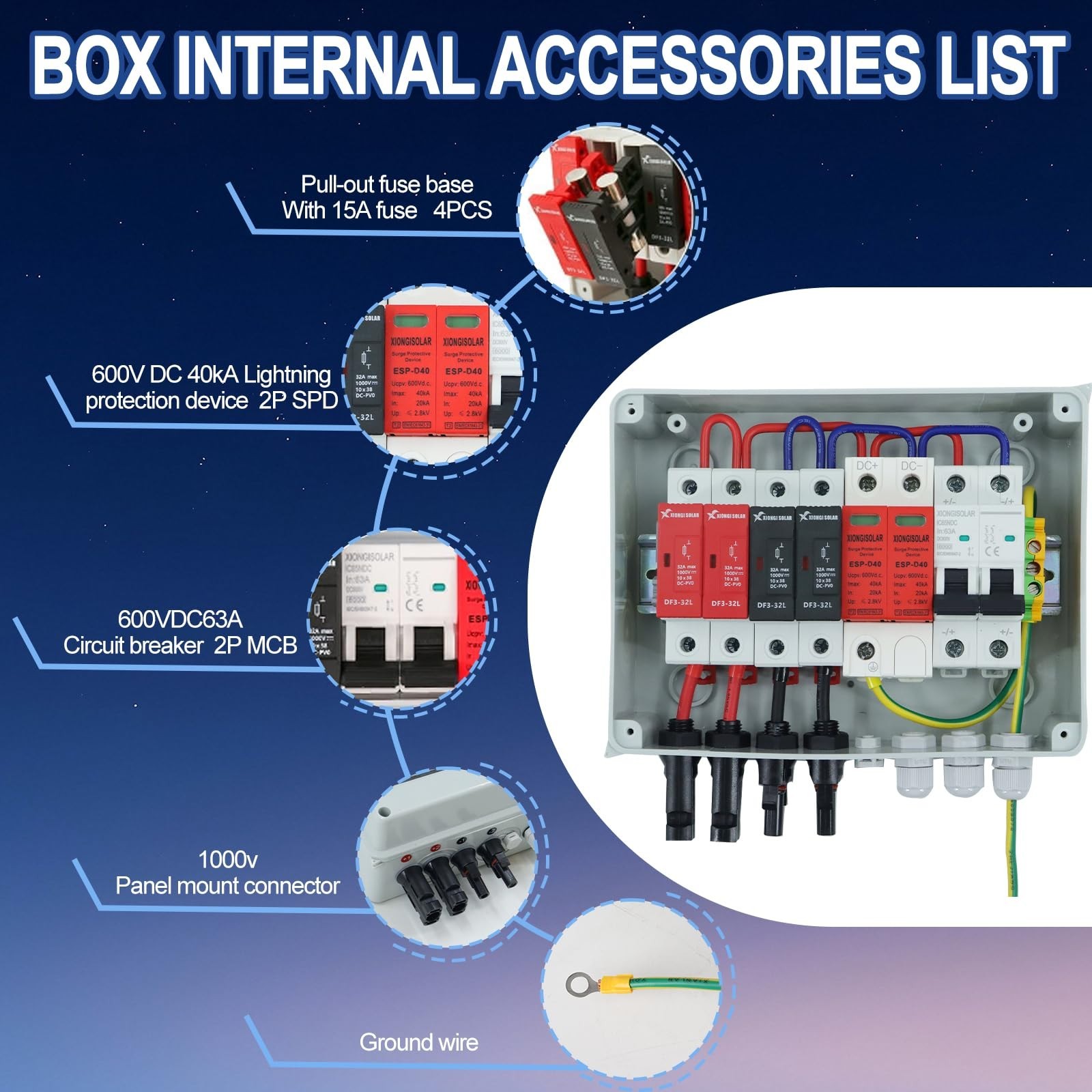 600V Solar Combiner Box, 2 Inputs 1 Output, 15A Fuse, 63A Circuit Breaker, SPD,