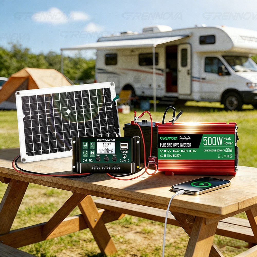 Grennova 500W Power Solar System Pure Sine 12V To 110V/220V Inverter 50W Panel