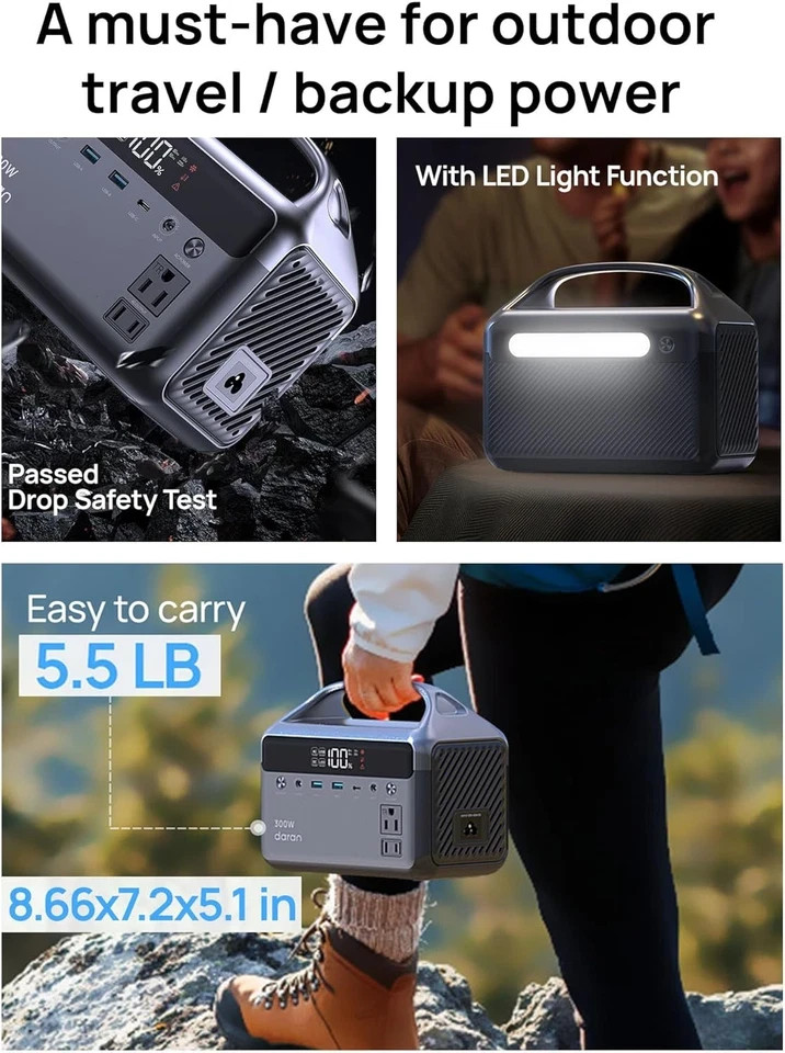 Portable Power Station 300W, 192Wh Lifepo4 Battery Solar Generator with Solar Pa