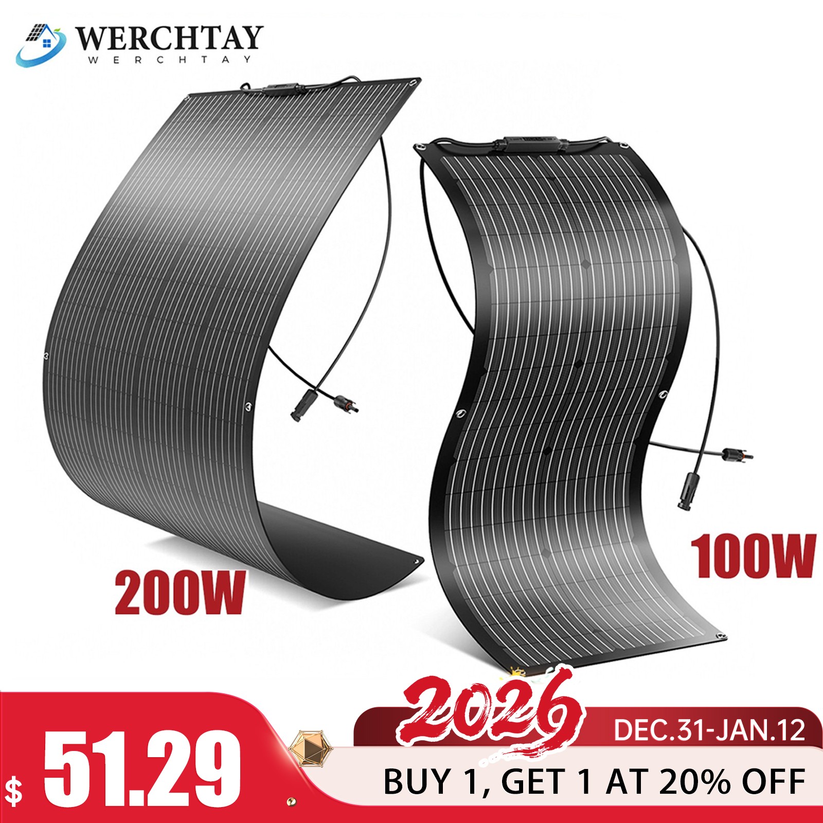 100W 200W Flexible Solar Panel Portable 12V for Camping/Home/Car Battery/Rooftop