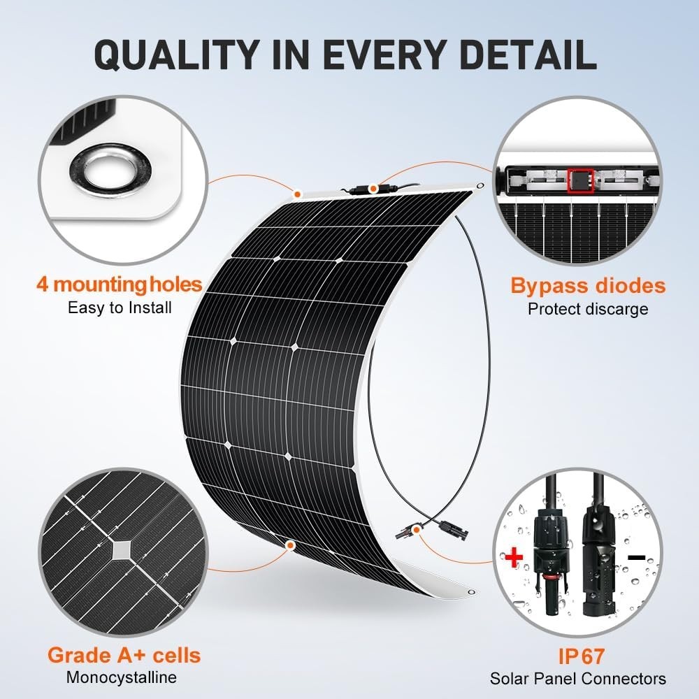 Panel solar flexible monocristalino de 100 W y 18 V para carga de baterías de 12