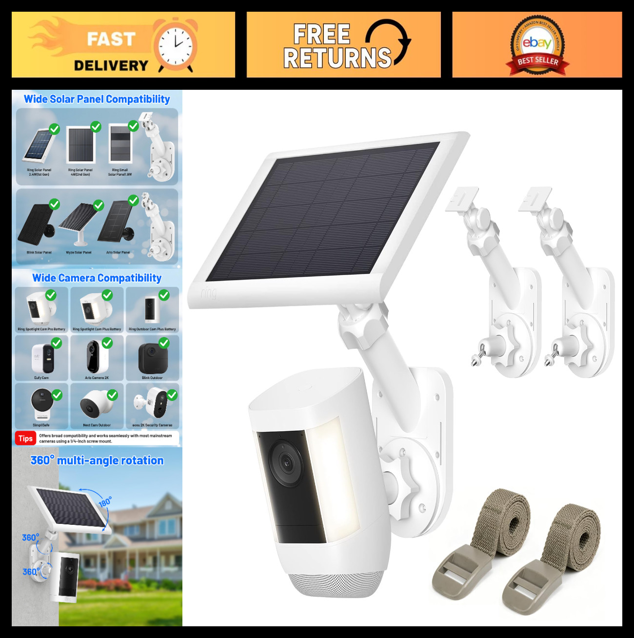 Universal 2-in-1 Adjustable Wall Mount for Solar Panels & Cameras – 360° Rotatio