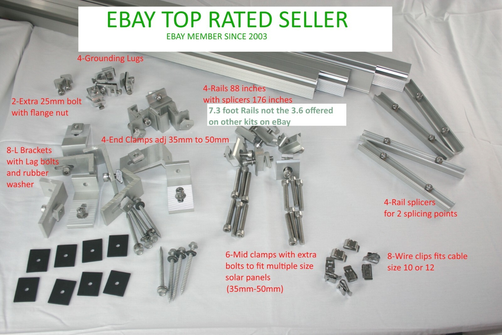 Solar Rail kit for 4 panels w/ clamps, L brackets w/7.3ft rails(not 3.6ft rails)