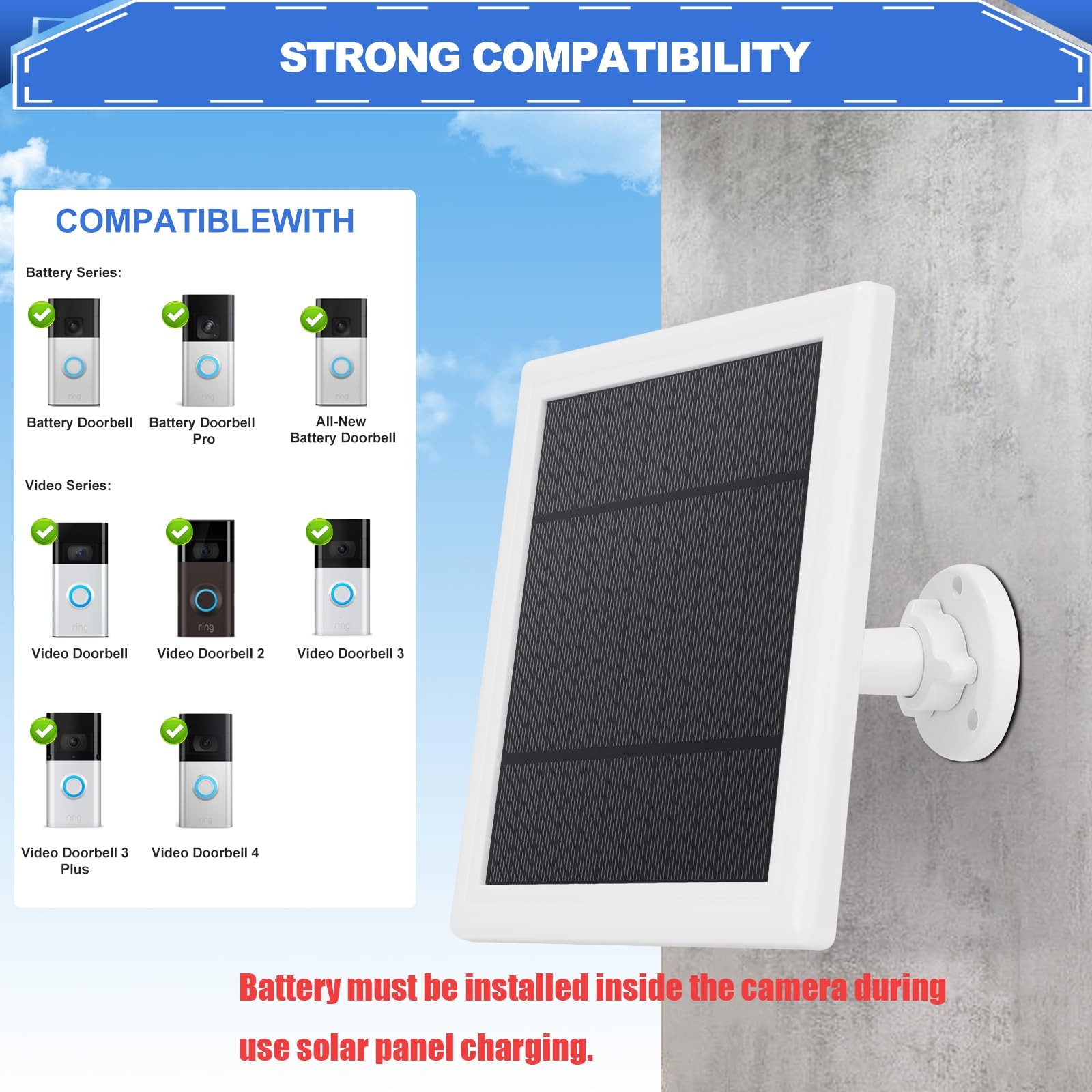 Solar Charger 5W 12V for Ring Video Doorbell 3/3+/4 Battery Plus IP65 Waterproof