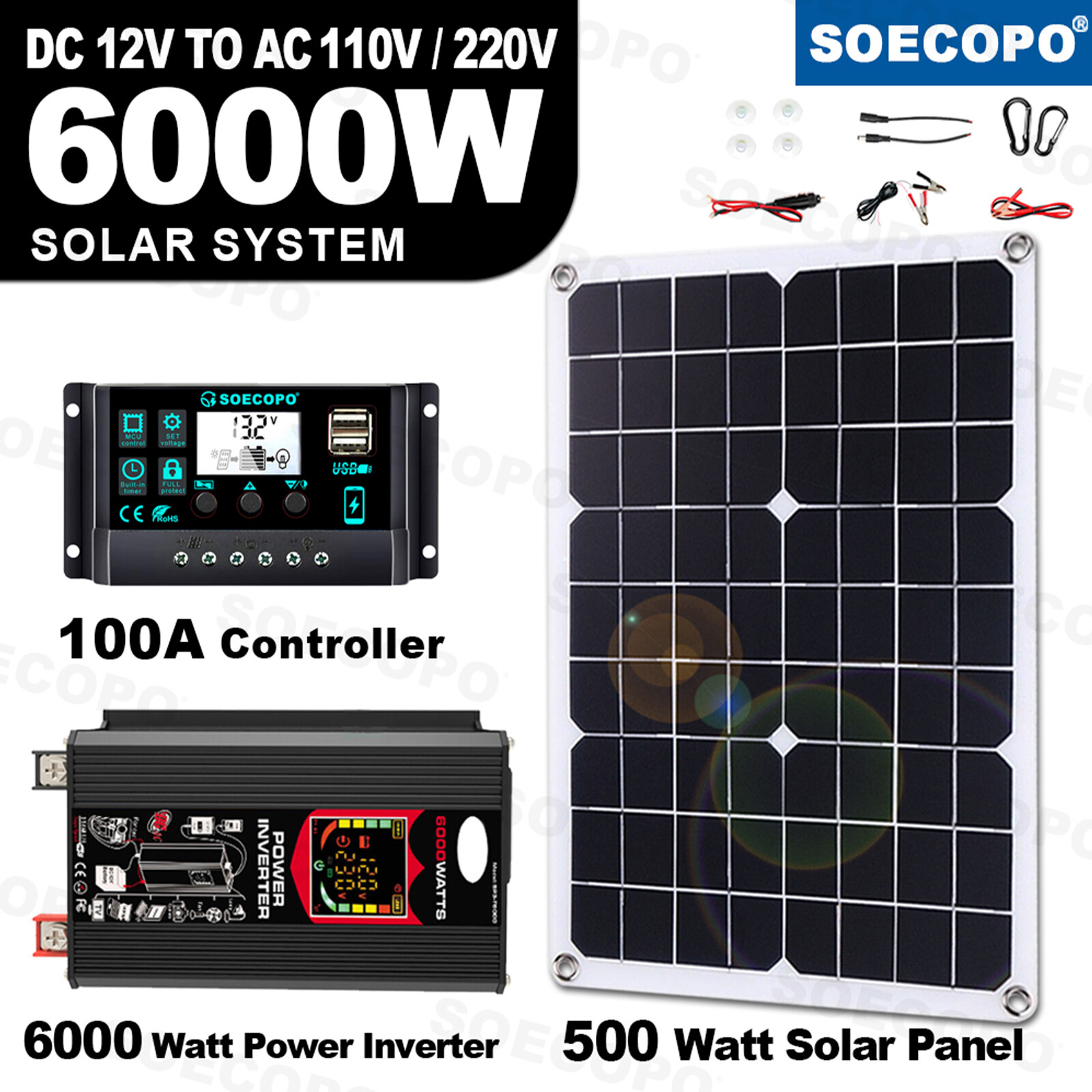 6000W Solar Generator 500W Panel 12V DC to 220V110V Inverter 100A ControllerNZ