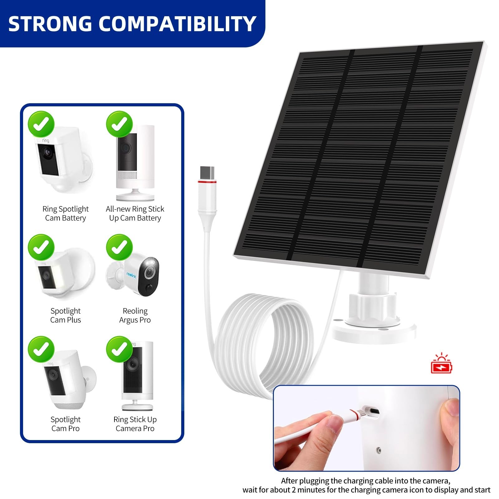 5W 5V Solar Panel Charger for Wireless Outdoor Cameras, USB-C, Waterproof IP65,