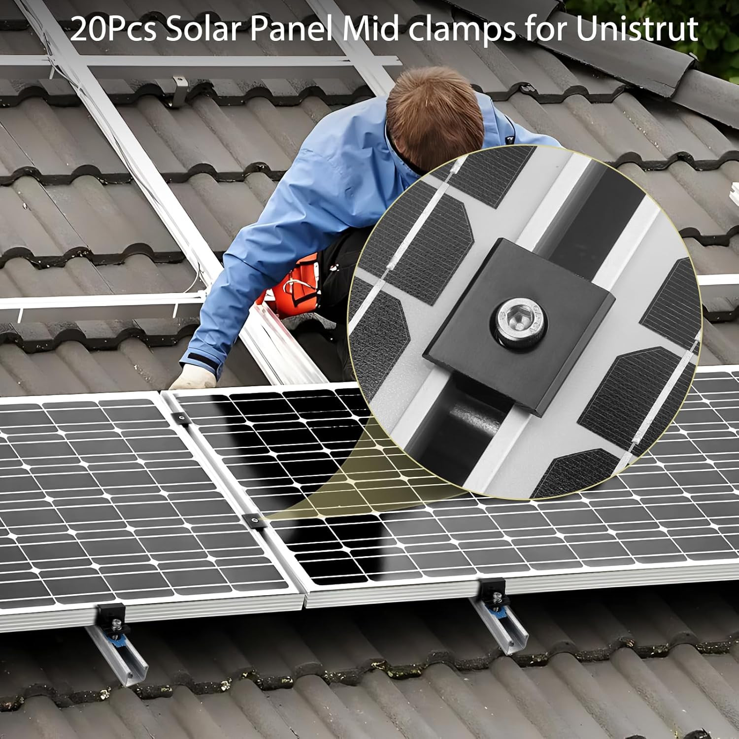 20Pcs Solar Panel Mid Clamps for Unistrut, Metal Roof Mounting Kit, Black