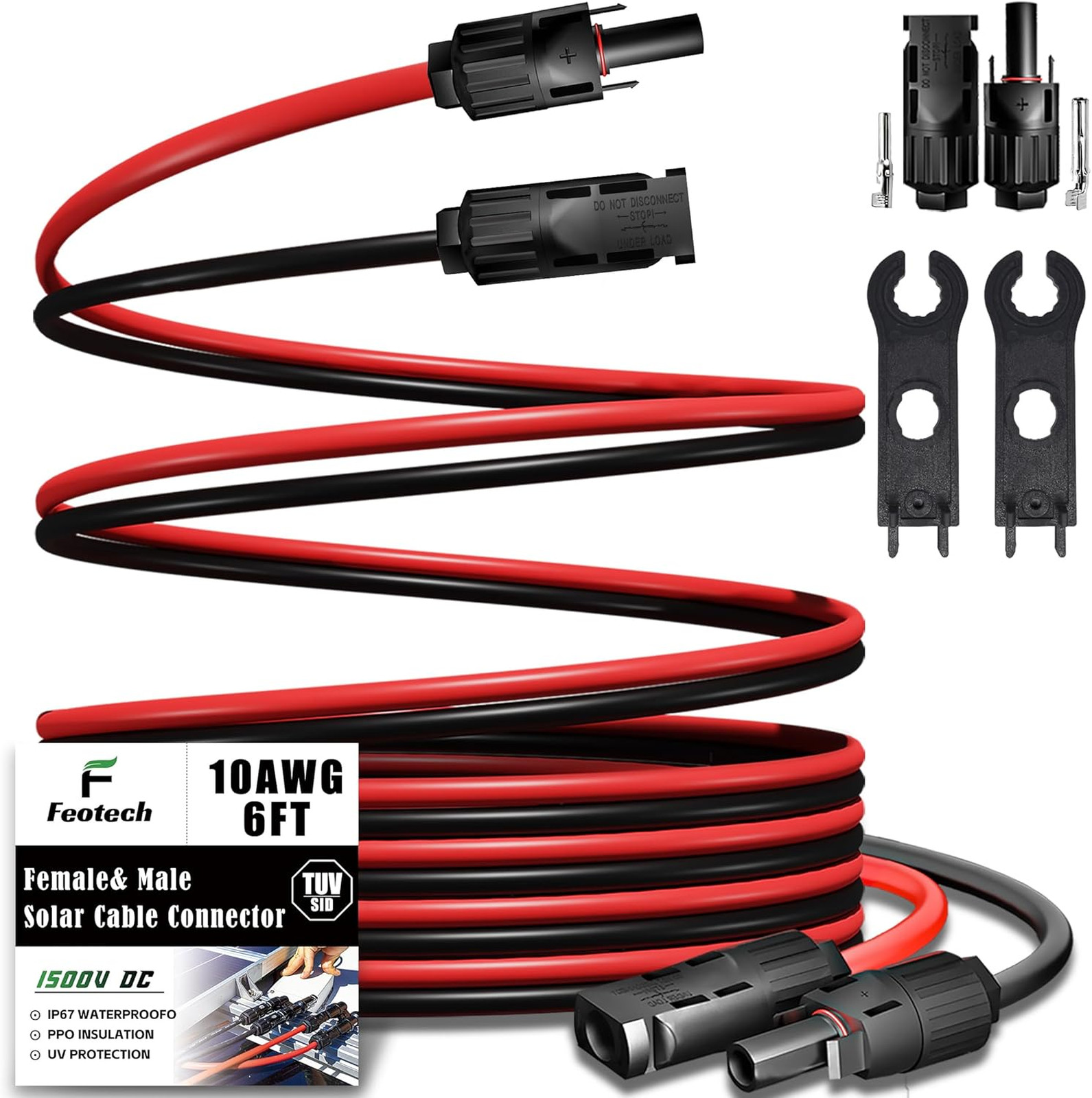 Twin Solar Extension Cable 6FT 10AWG 6mm2 IP67 Male Female Connectors for RV