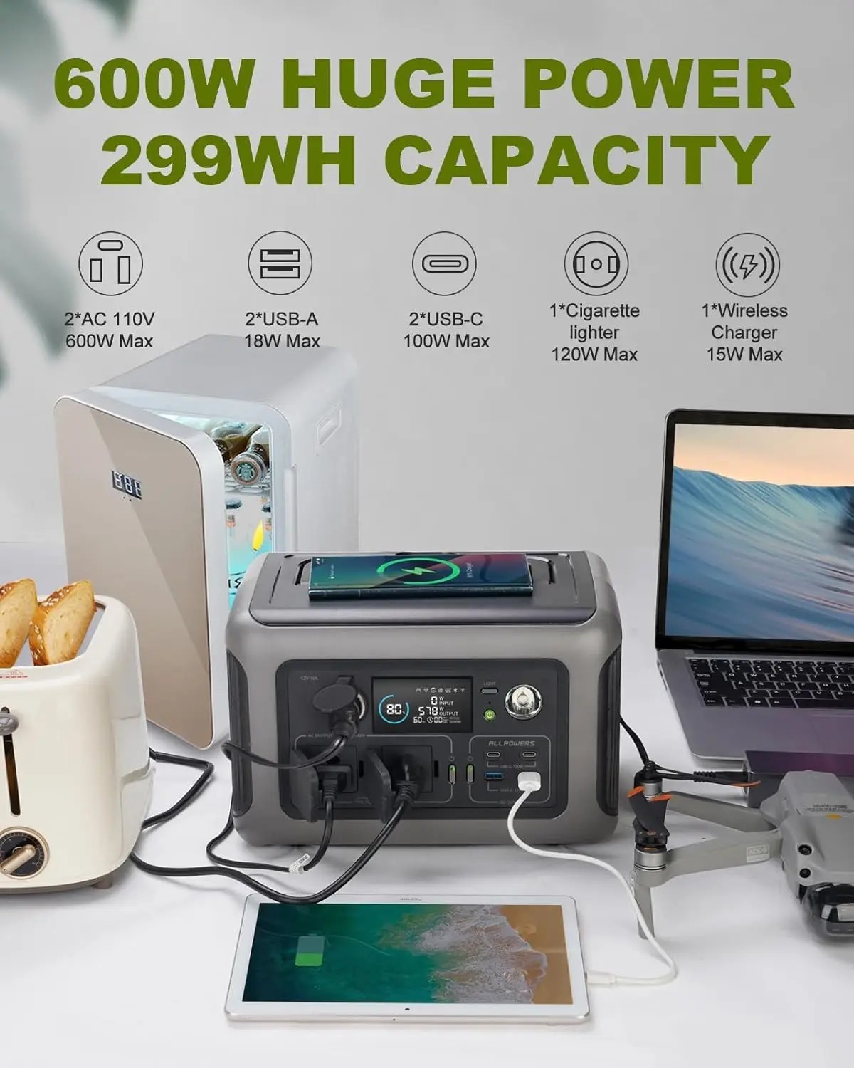 ALLPOWERS R600 Portable Power Station 299Wh LiFePO4 Battery – 600W AC Output
