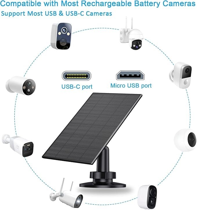 Solar Panel for Security Camera, 2 Pack 2W Solar Charger with Micro USB & USB-C