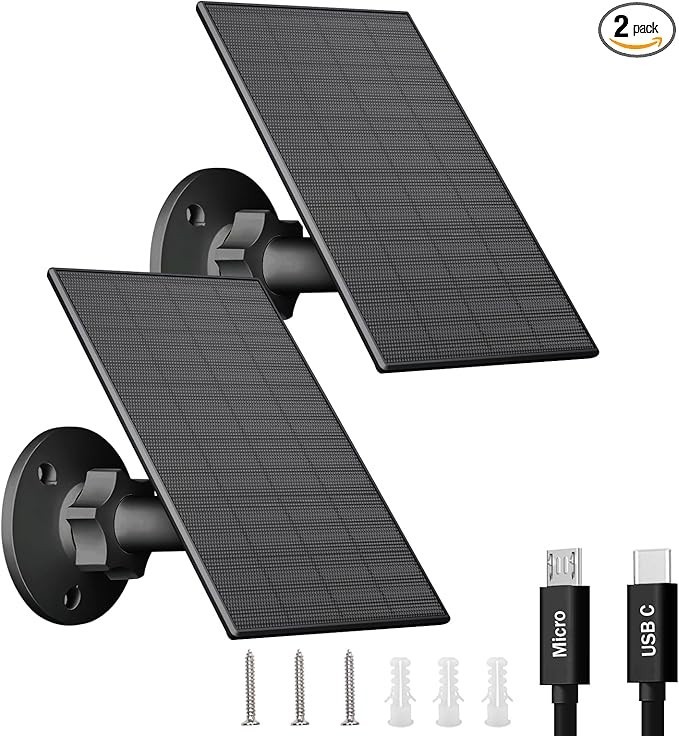 Solar Panel for Security Camera, 2 Pack 2W Solar Charger with Micro USB & USB-C