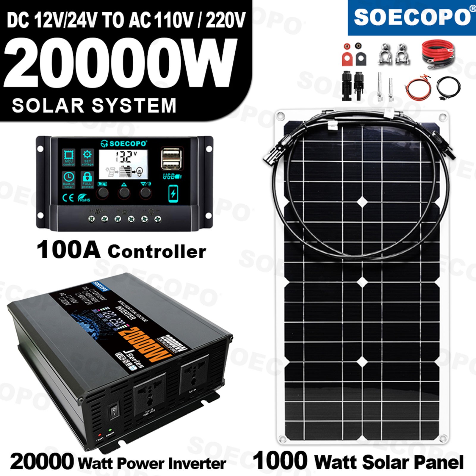 20000W Peak Solar System Kit Panel 110V/220V Inverter Complete for Home