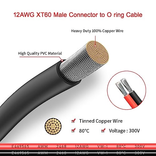 XT60 to O Ring Terminal Cable Connector Cable 2FT 12AWG XT60 Male to O Ring