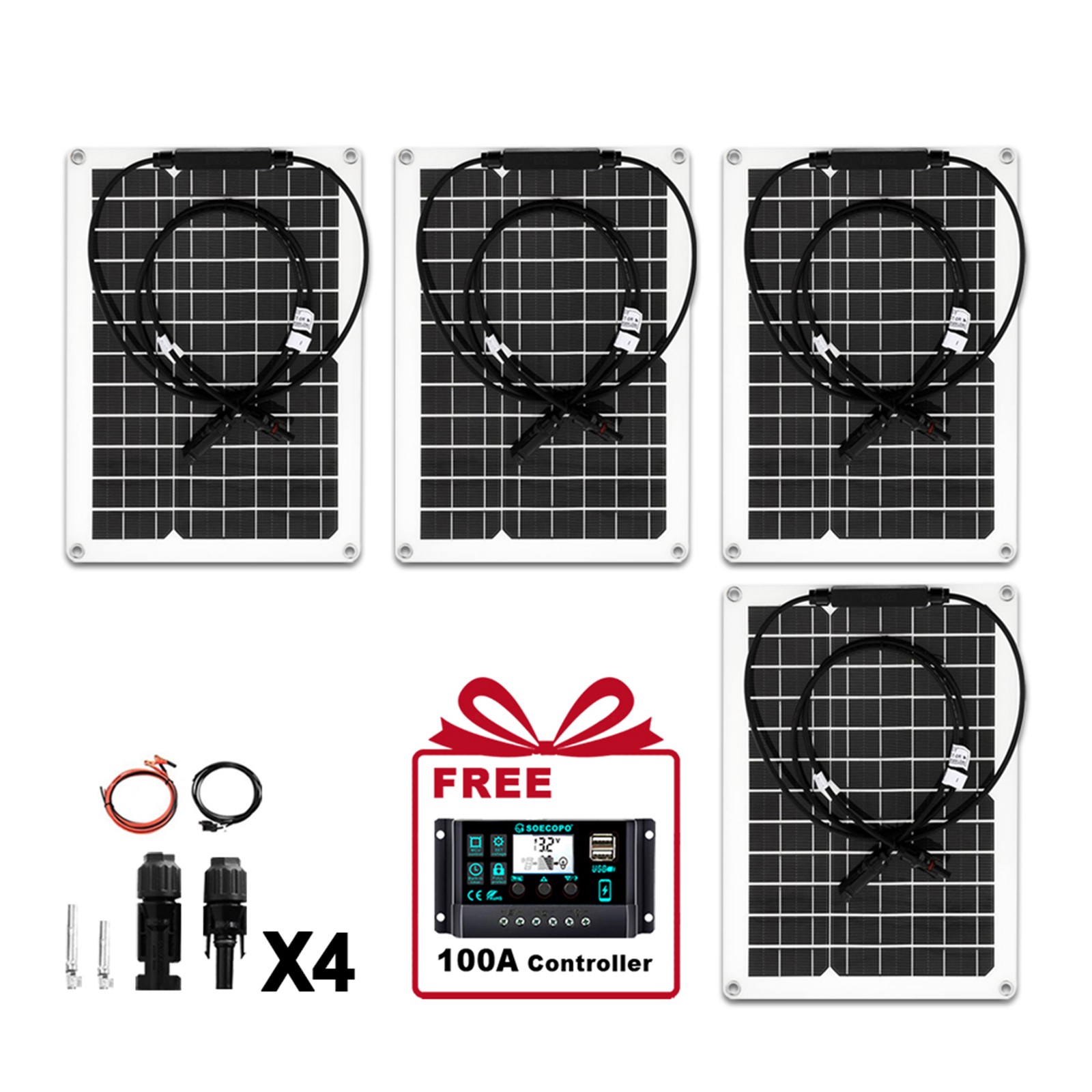 2400W Solar Panels – 4 x 600W Flexible + 100A Controller with Accessories