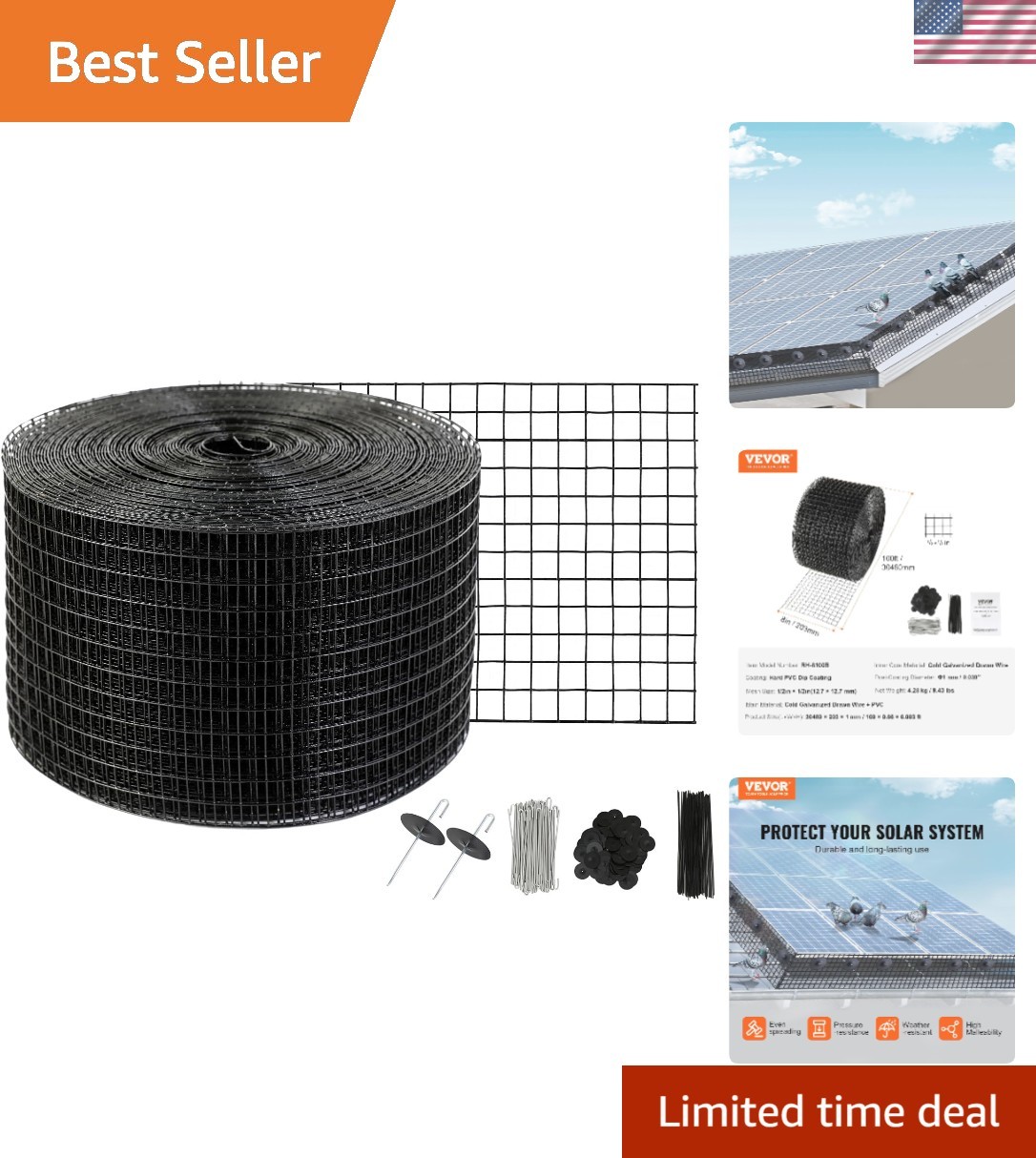 Solar Panel Bird Guard 8in x 98ft PVC Coated Wire Mesh Kit with 100 Fasteners