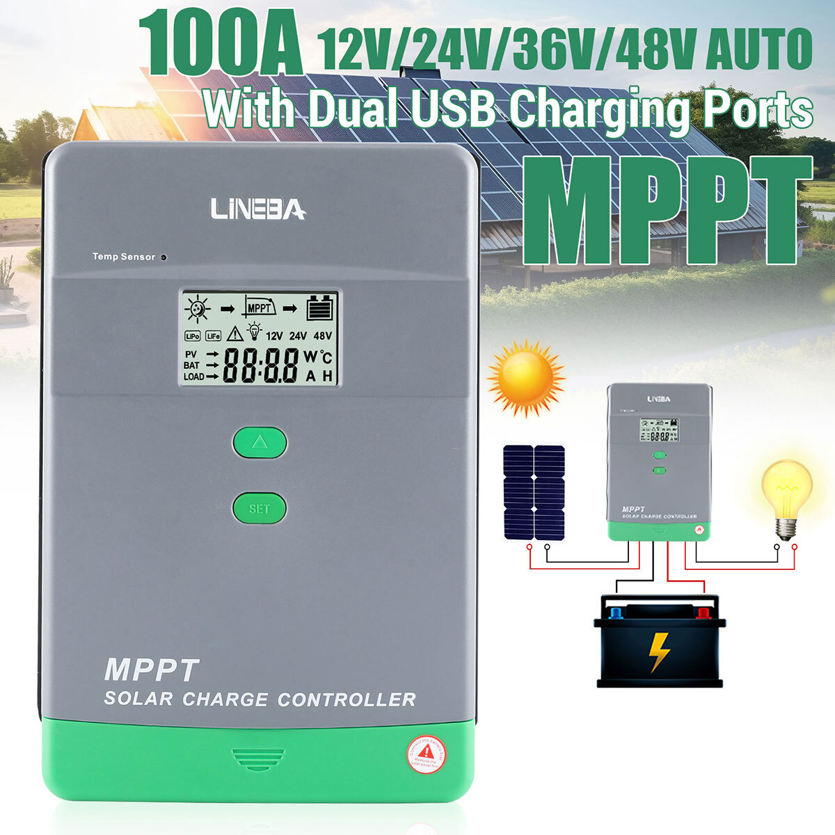 MPPT/PWM Solar Panel Regulator Charge Controller Auto Focus Tracking LCD 12/24V