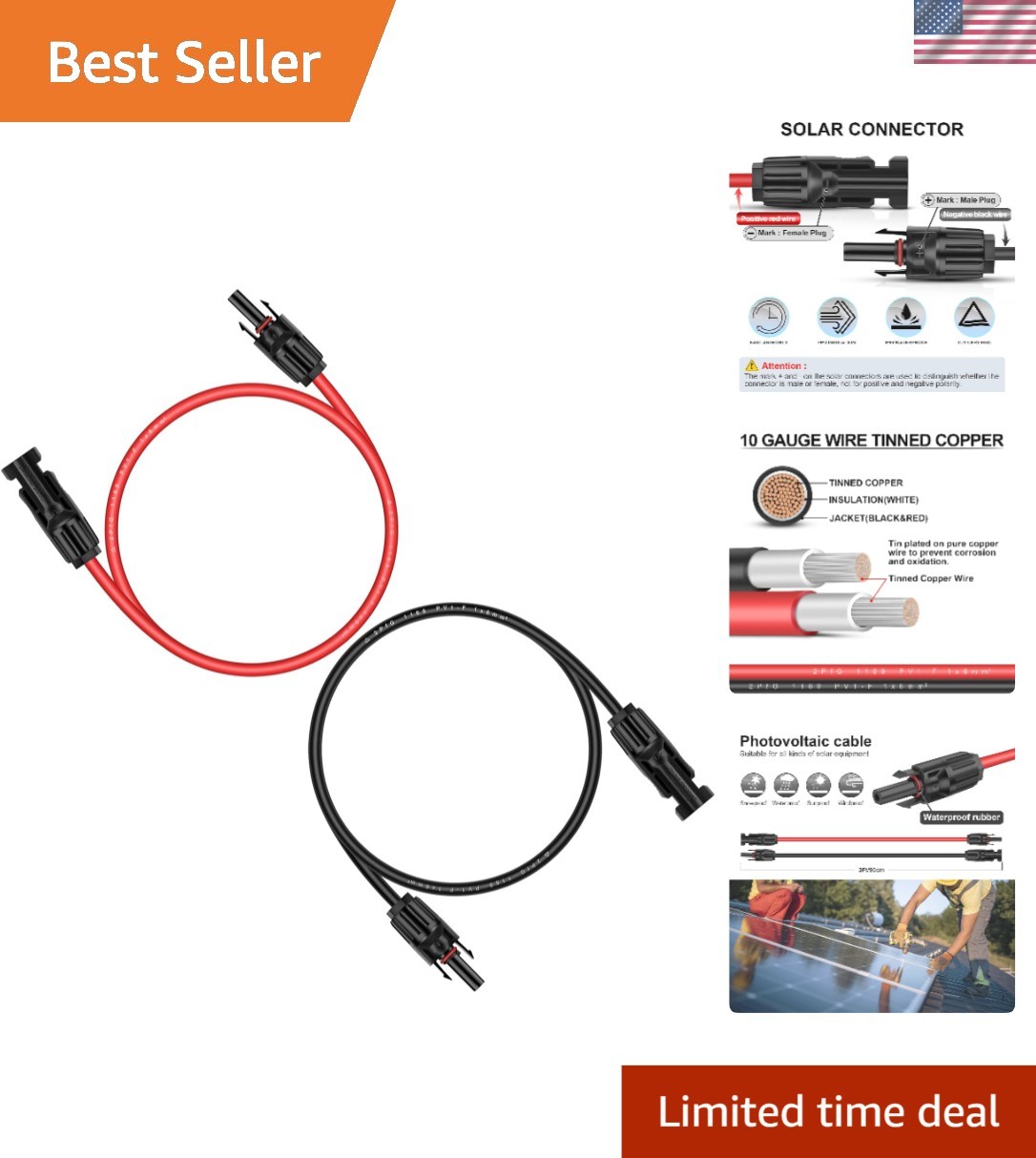 10AWG UV Resistant Solar Extension Cable, 3FT with Male-to-Female Connectors